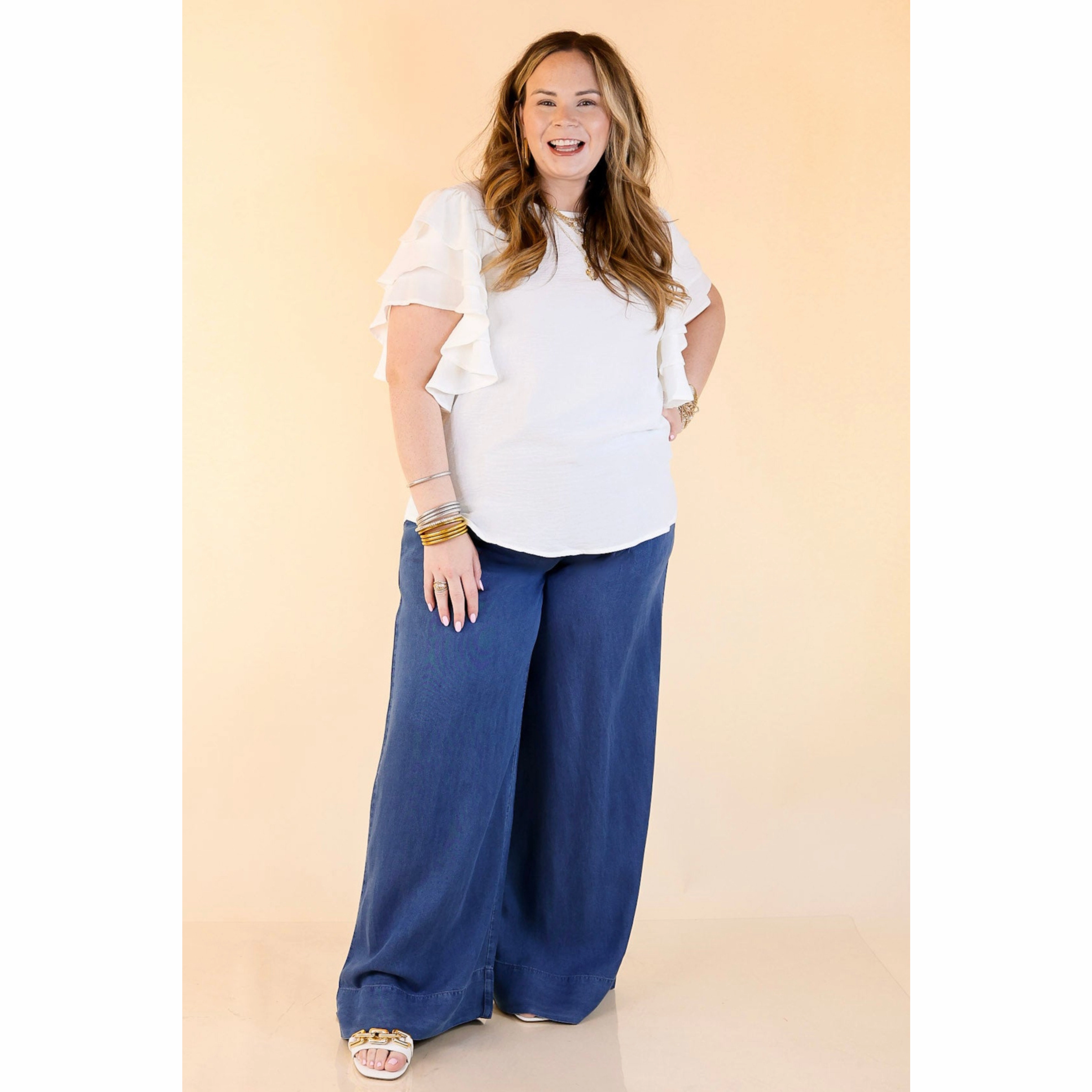 Turning Heads Multi-Tiered Ruffle Cap Sleeve Top in White Earthy Hue Plus size option