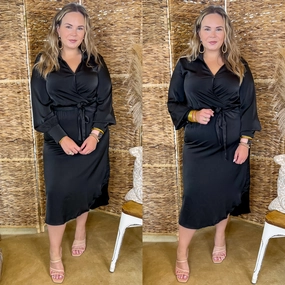 Last Chance Size Small & Medium | Big Apple Mindset V Neck Satin Dress with Waist Tie in Black AntimicrobialTreatment Outdoor Apparel