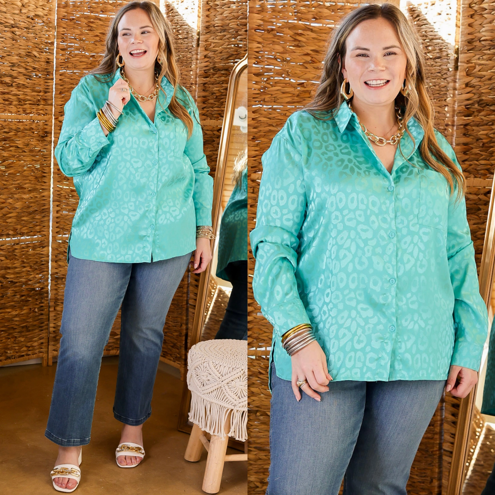 Top It Off Long Sleeve Button Up Satin Leopard Top in Turquoise Blue MinimalistStyle Cool Hooded Jacket