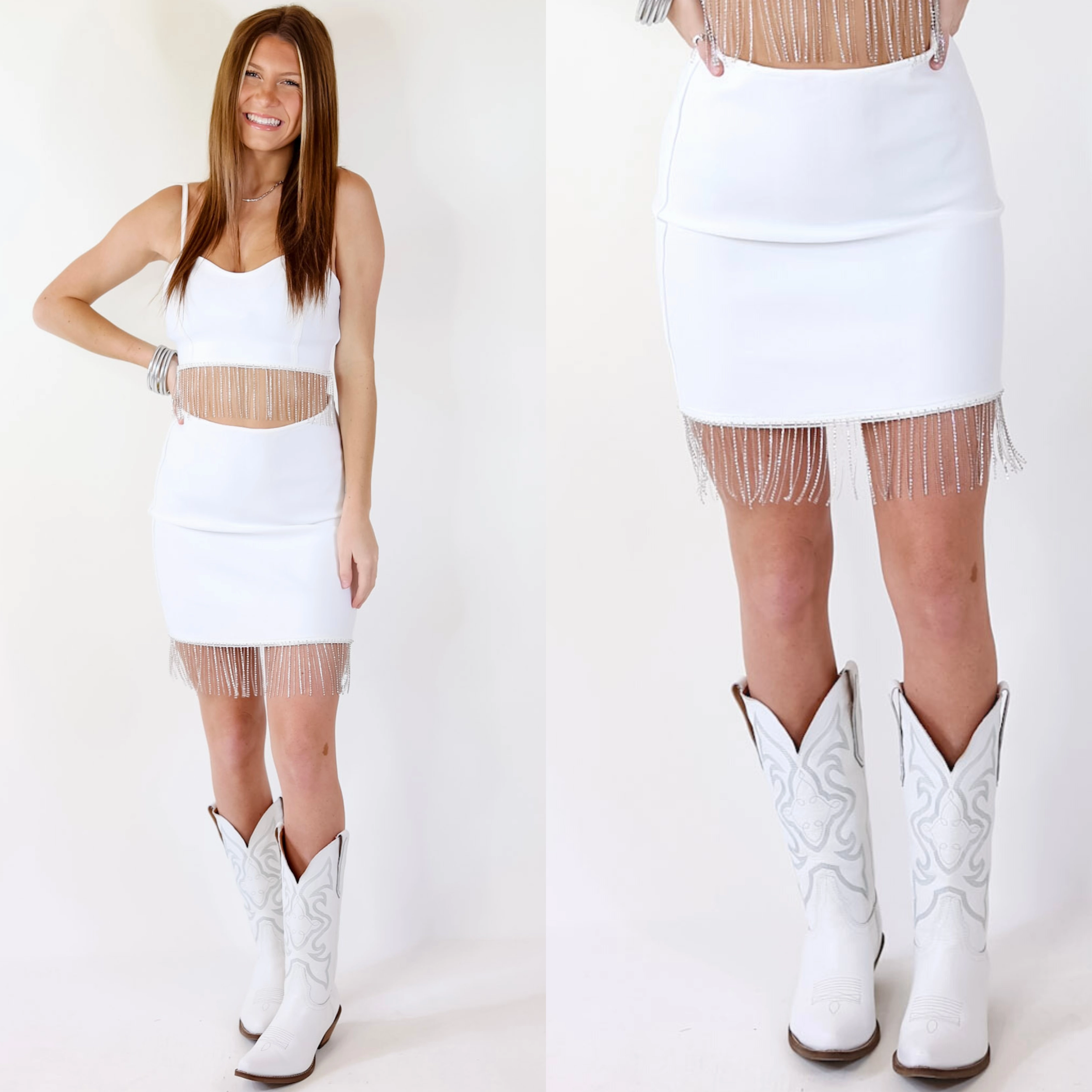 On The List Skirt with Crystal Fringe Trim in White Lightweight Composite CompactFold