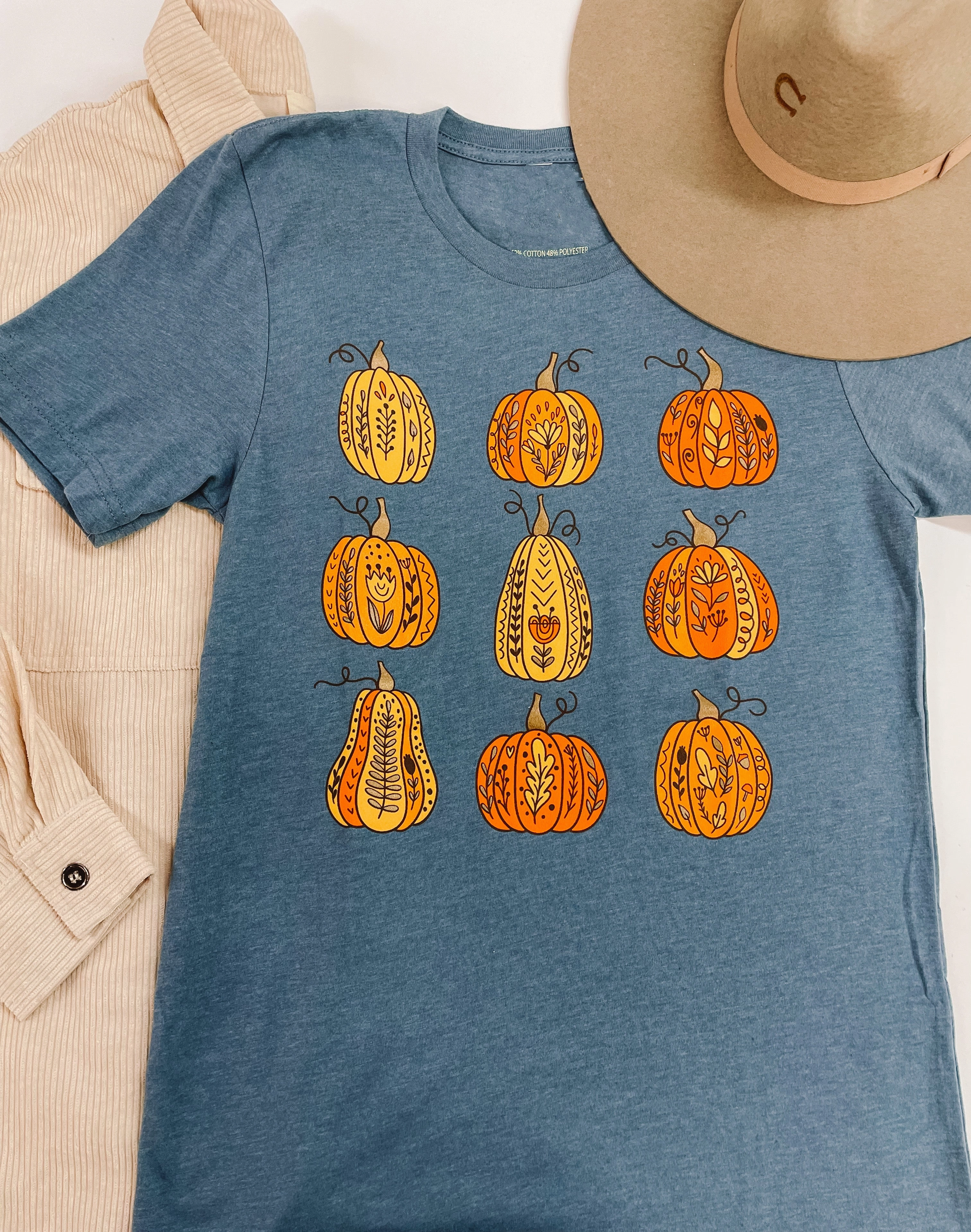 Brave Mode Painted Pumpkins Short Sleeve Graphic Tee in Dusty Blue