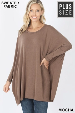 Last Chance Size 3XL | PLUS SWEATER FABRIC OVERSIZE ROUND NECK PONCHO in MOCHA Sunset Scene