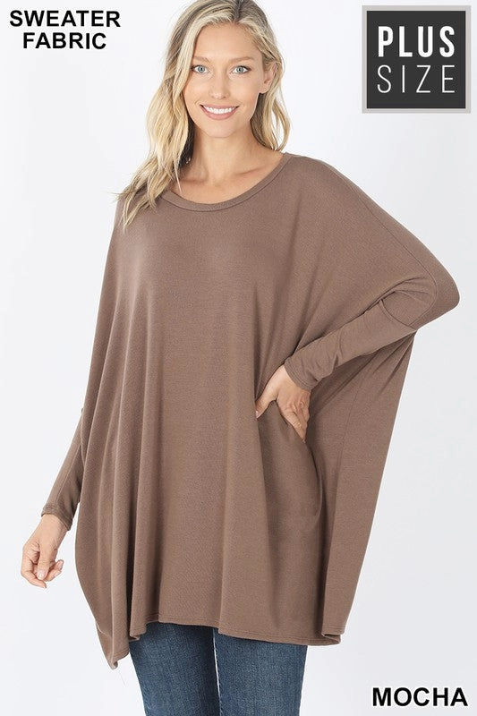 Last Chance Size 3XL | PLUS SWEATER FABRIC OVERSIZE ROUND NECK PONCHO in MOCHA Smooth Line