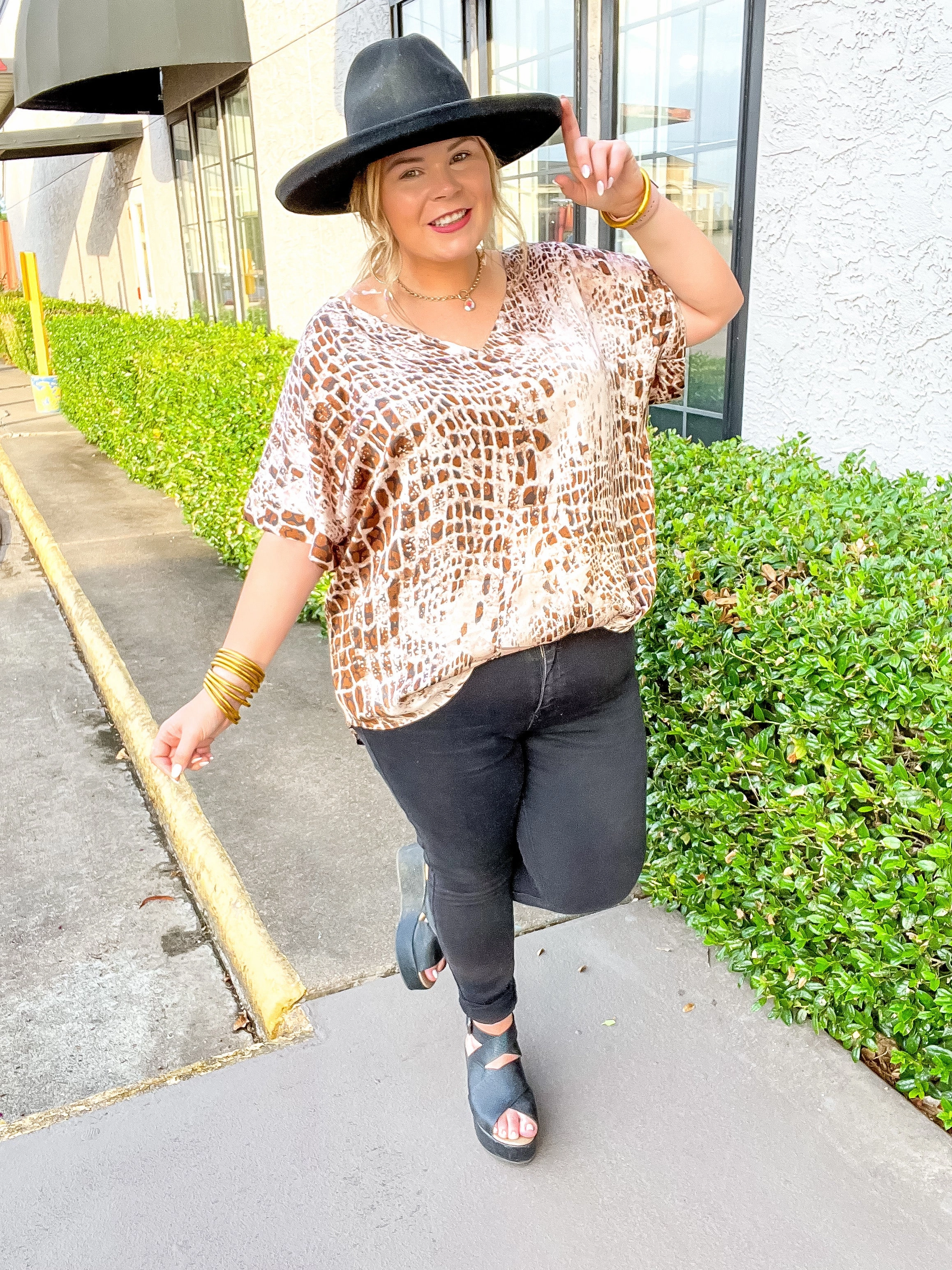 MultiPocketDesign Last Chance Size Small | Ready To Remix Crocodile Print Satin Top with Short Sleeves in Brown Mix