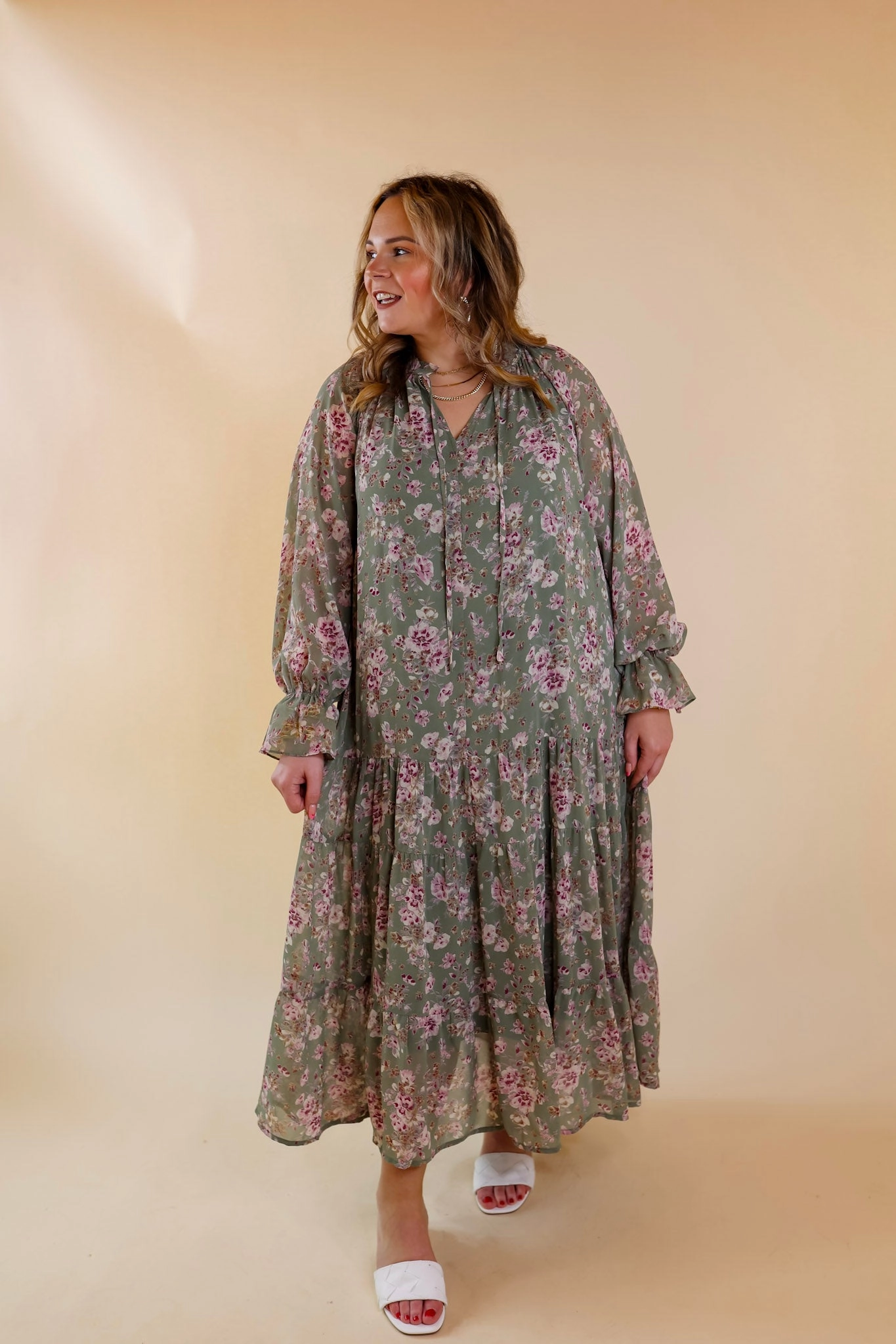 Last Chance Size Small | Tuscan Nights Long Sleeve High Neck Floral Midi Dress in Sage Compact Packable Design