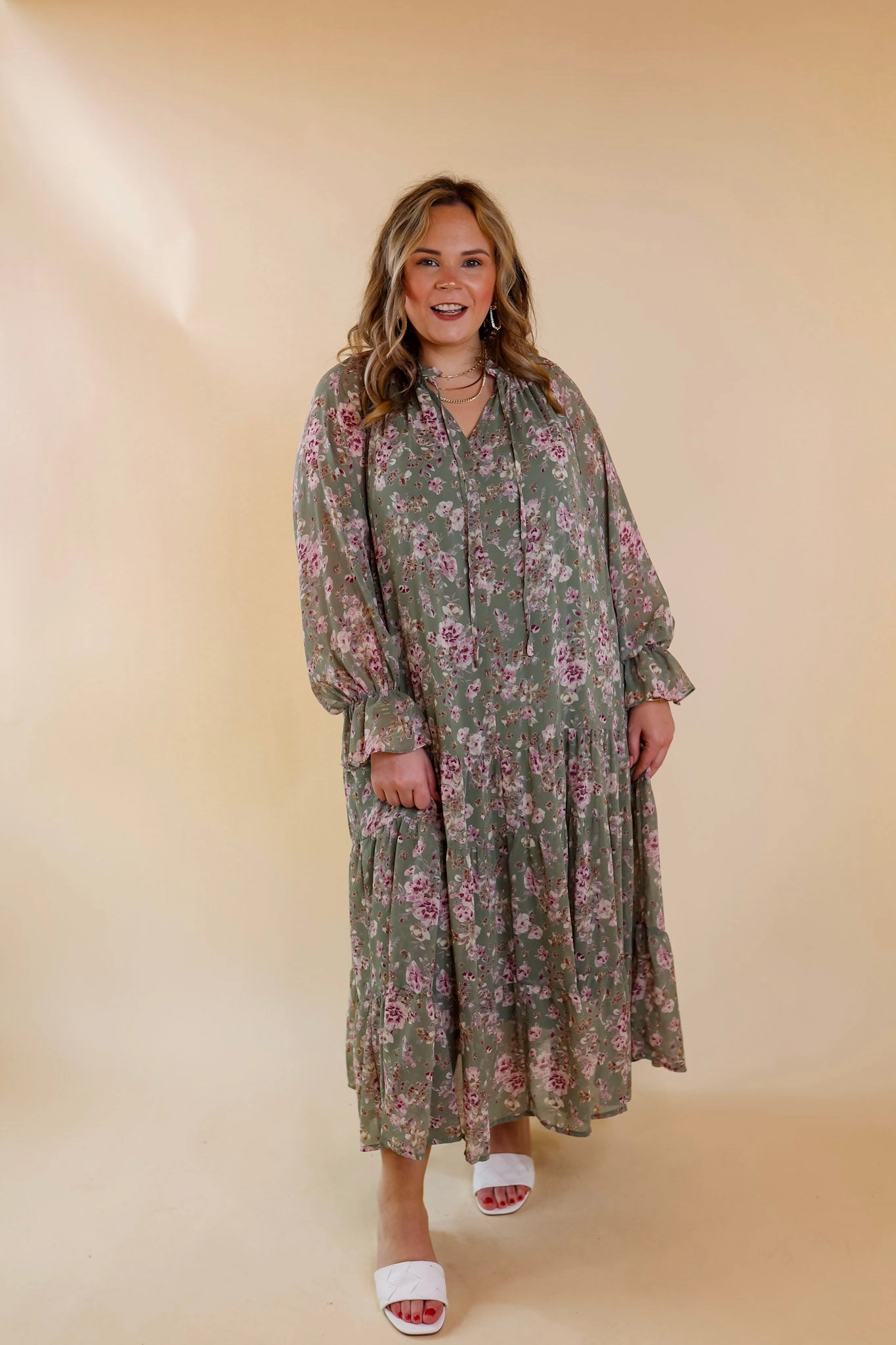 Last Chance Size Small | Tuscan Nights Long Sleeve High Neck Floral Midi Dress in Sage Recycled Polyester Blend Weatherproof Outerwear