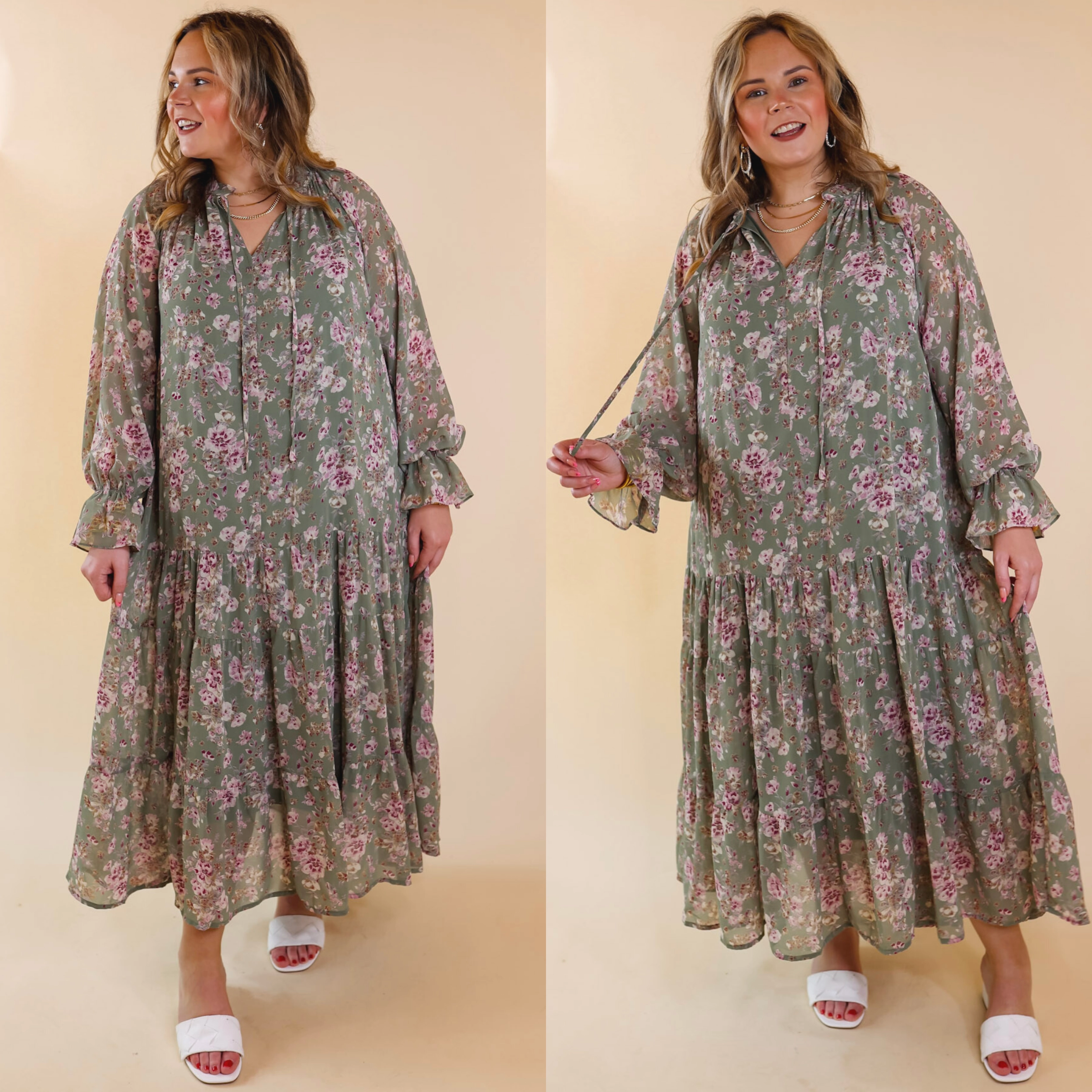 Last Chance Size Small | Tuscan Nights Long Sleeve High Neck Floral Midi Dress in Sage Simple Layering Warm Outerwear