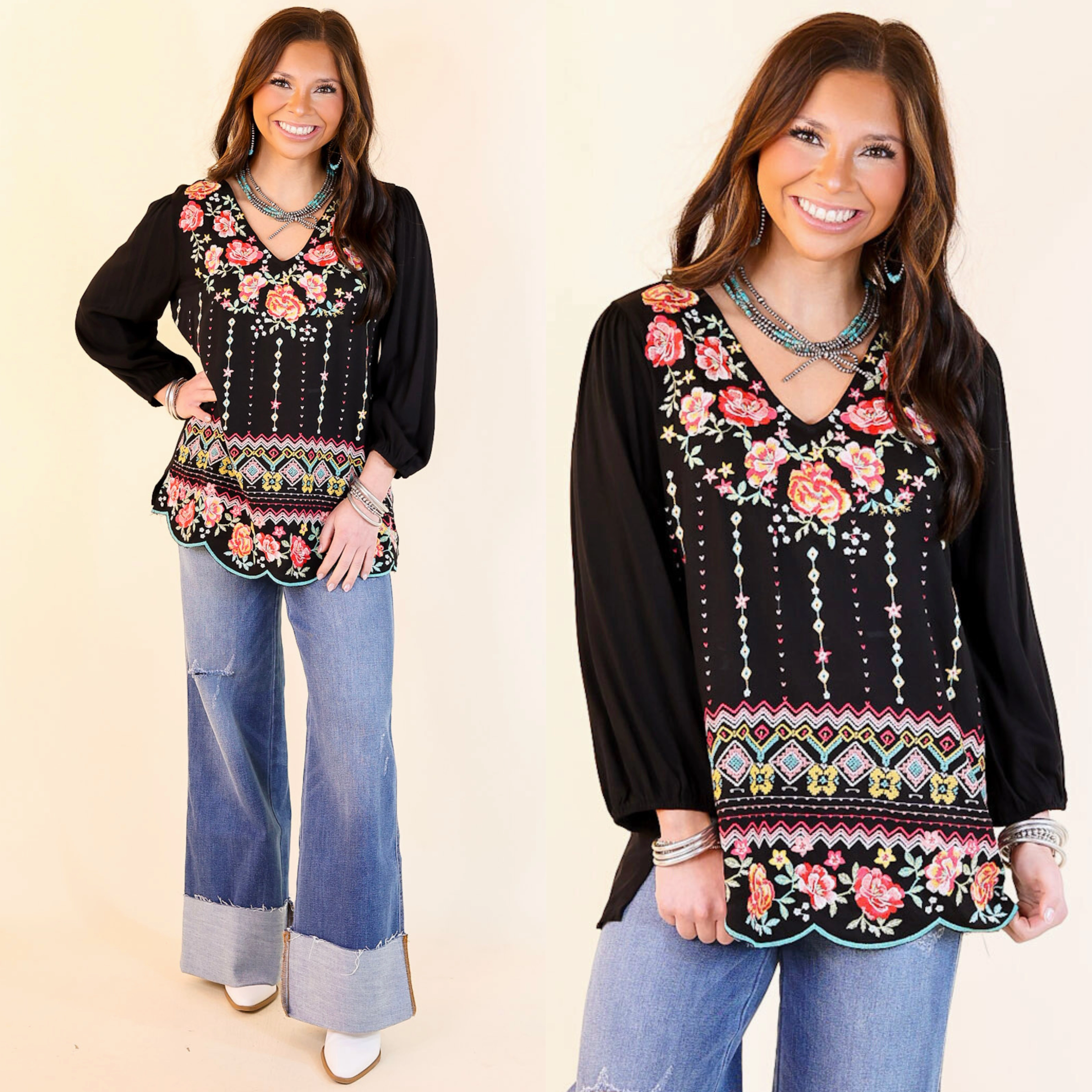 Layered Hemline Early Bird Embroidered Front 3/4 Sleeve Top with V Neck in Black