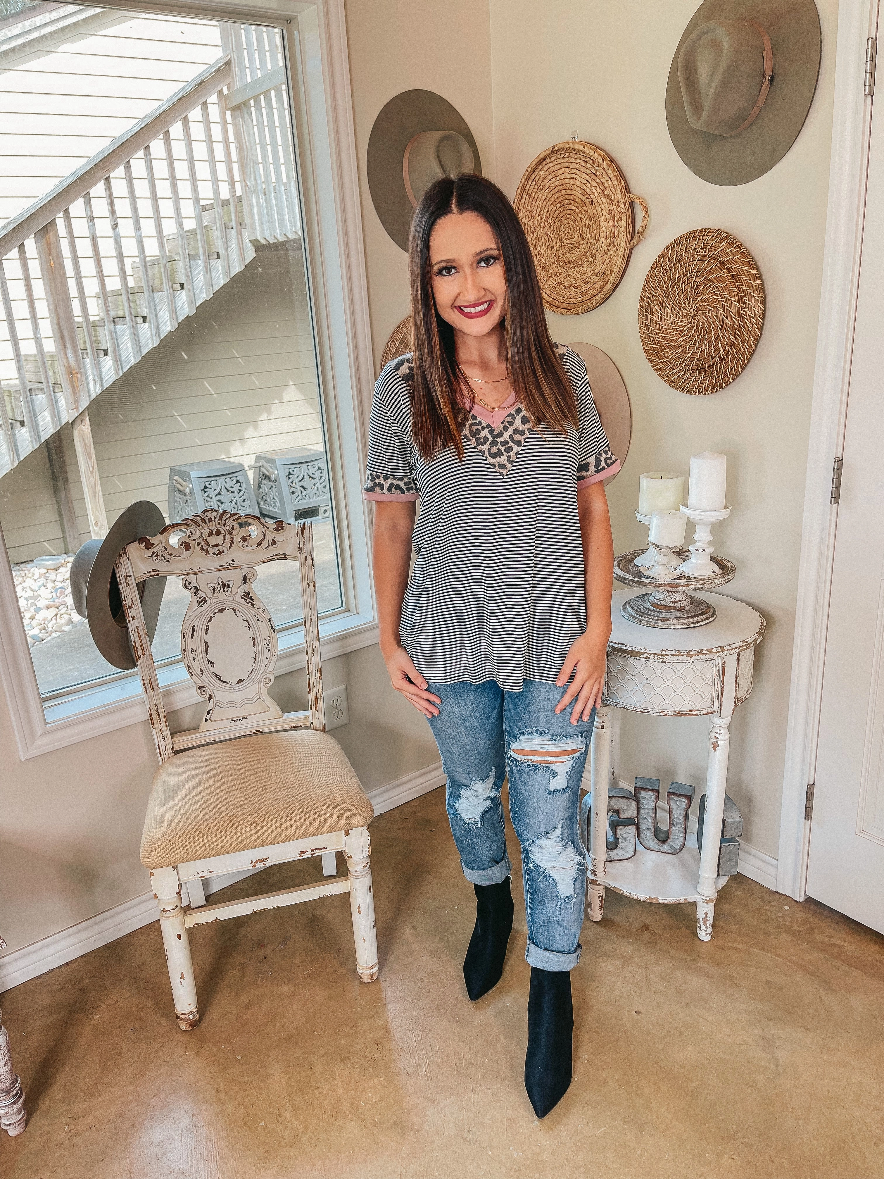 Easily Bright Mauve and Leopard Trim V Neck Striped Top in Black and Ivory Casual Polo