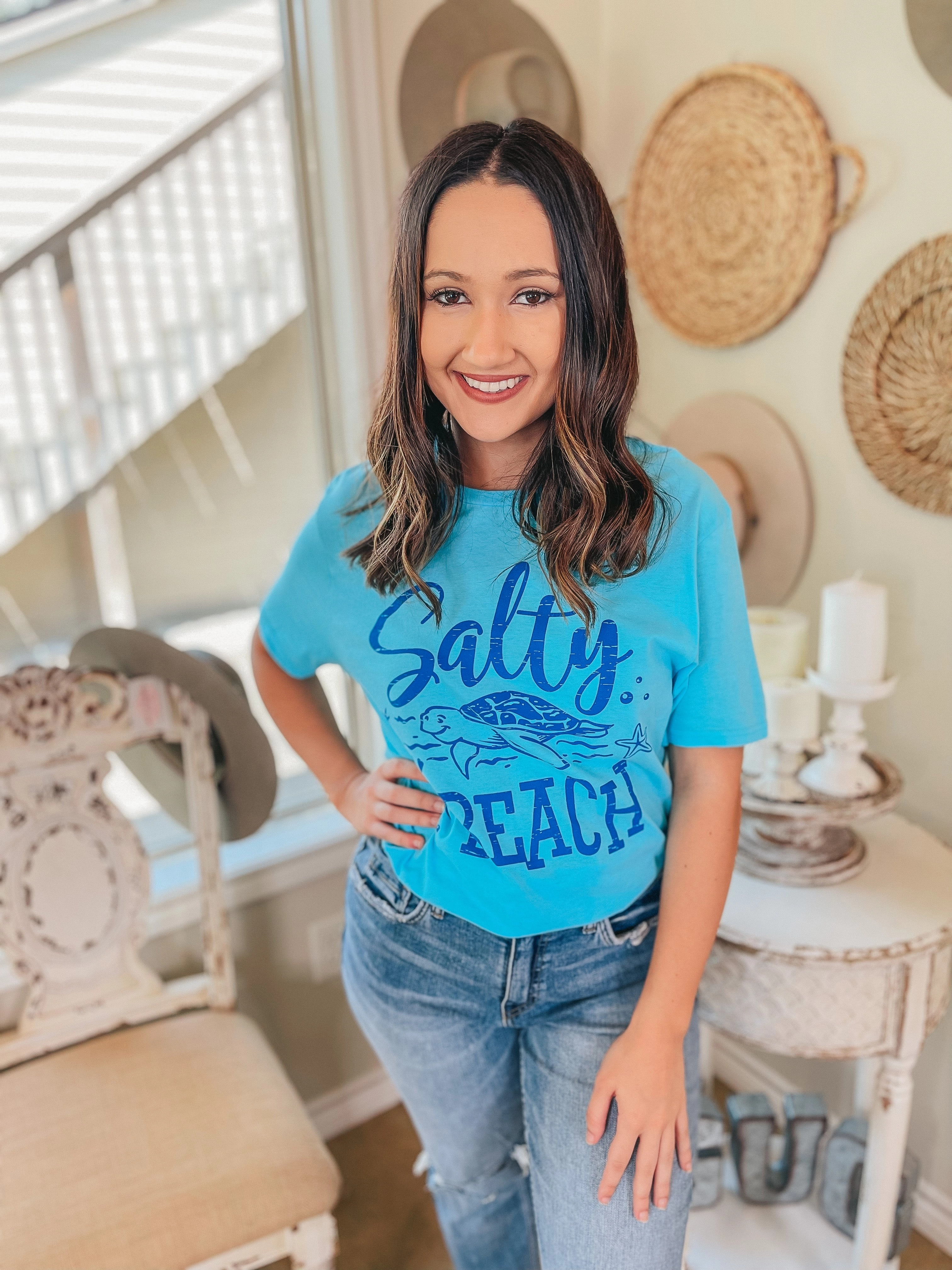 Matte Fit Last Chance Size Small | Salty Lil' Beach Short Sleeve Graphic Tee in Aqua Blue