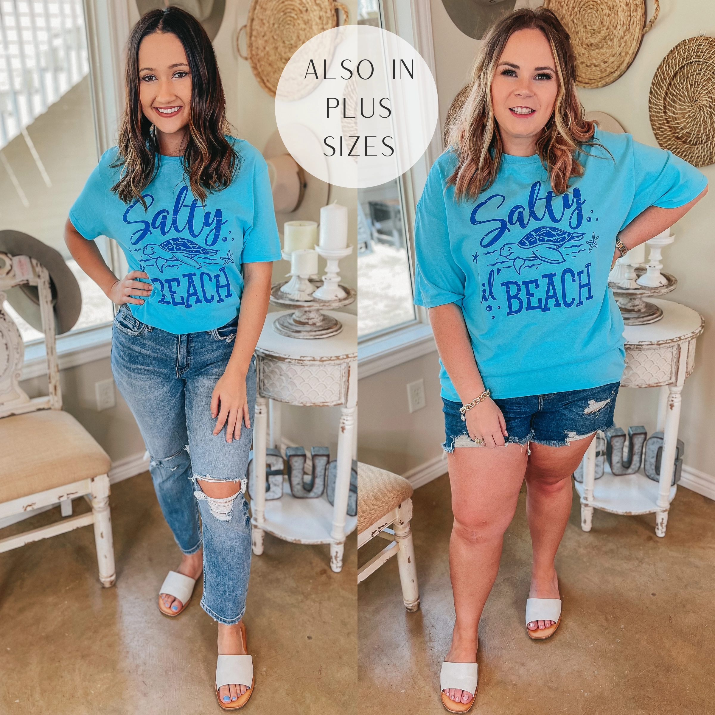 Office Mood Last Chance Size Small | Salty Lil' Beach Short Sleeve Graphic Tee in Aqua Blue