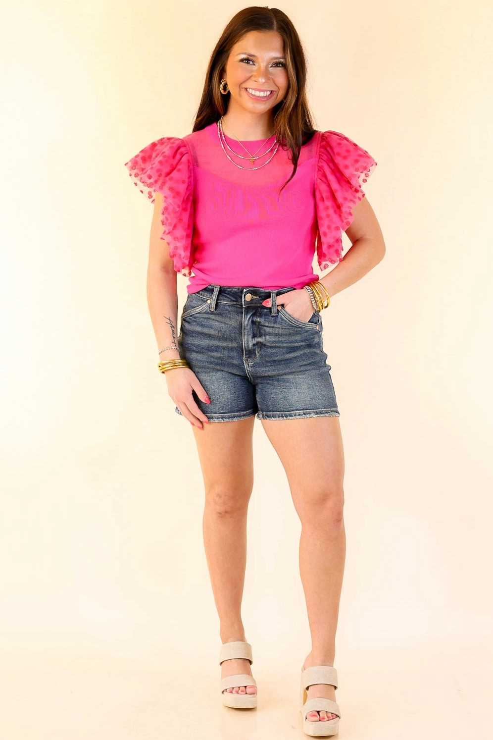 Easy to Love Top with Ruffle Cap Sleeves in Hot Pink Subtle Print Petite Cut