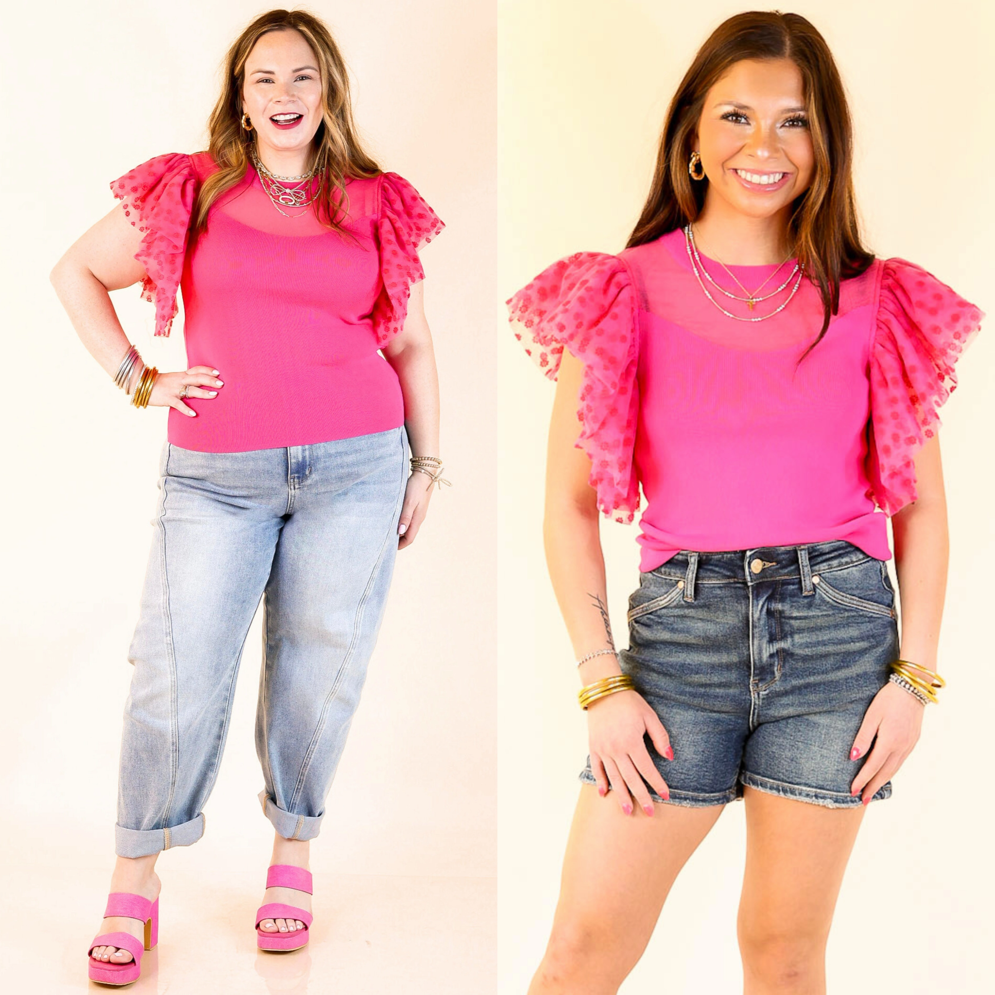 Easy to Love Top with Ruffle Cap Sleeves in Hot Pink handmade touch Petite Option