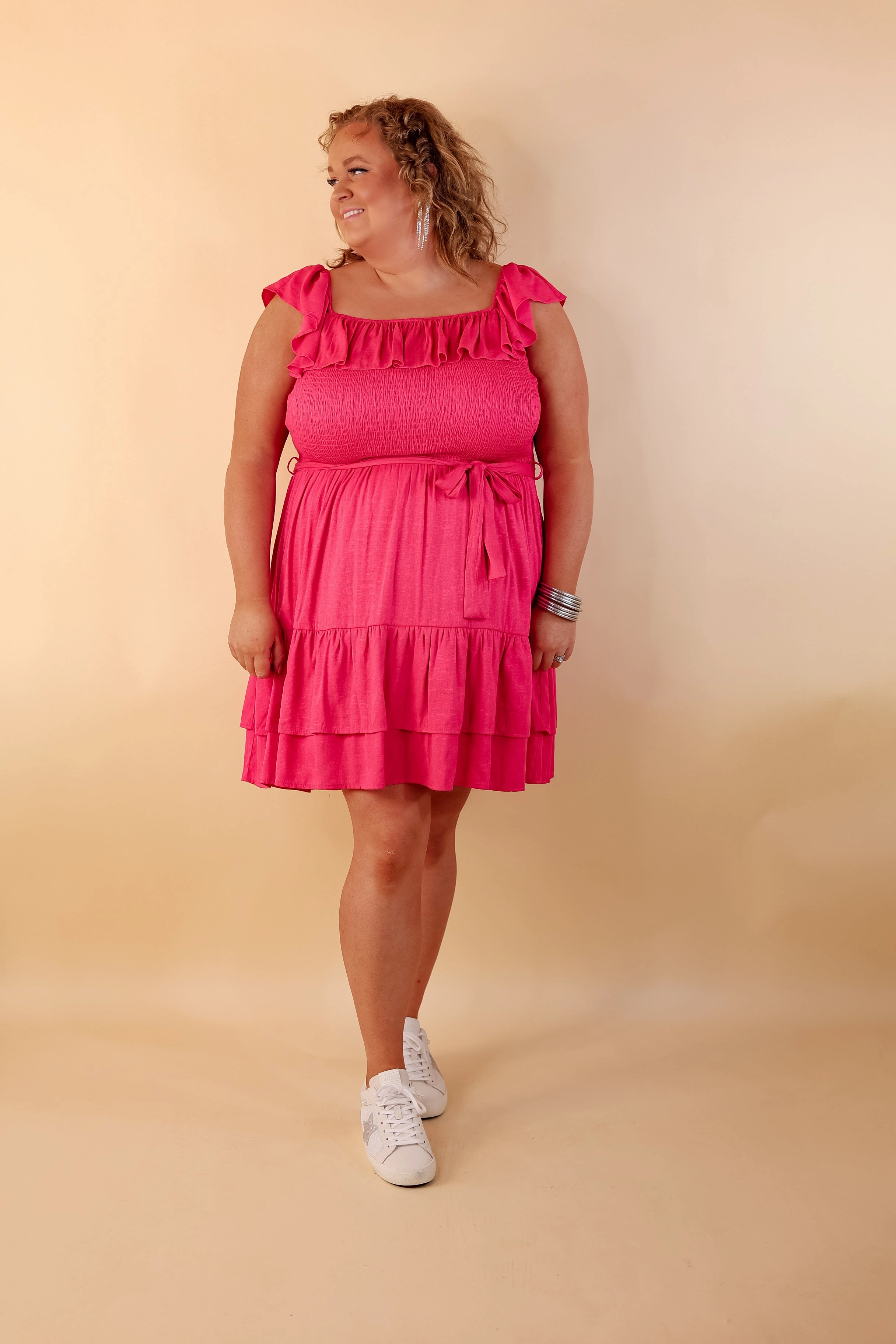 Casual Trend Office Attire Feeling Refined Ruffle Tiered Dress with Smocked Bodice in Hot Pink