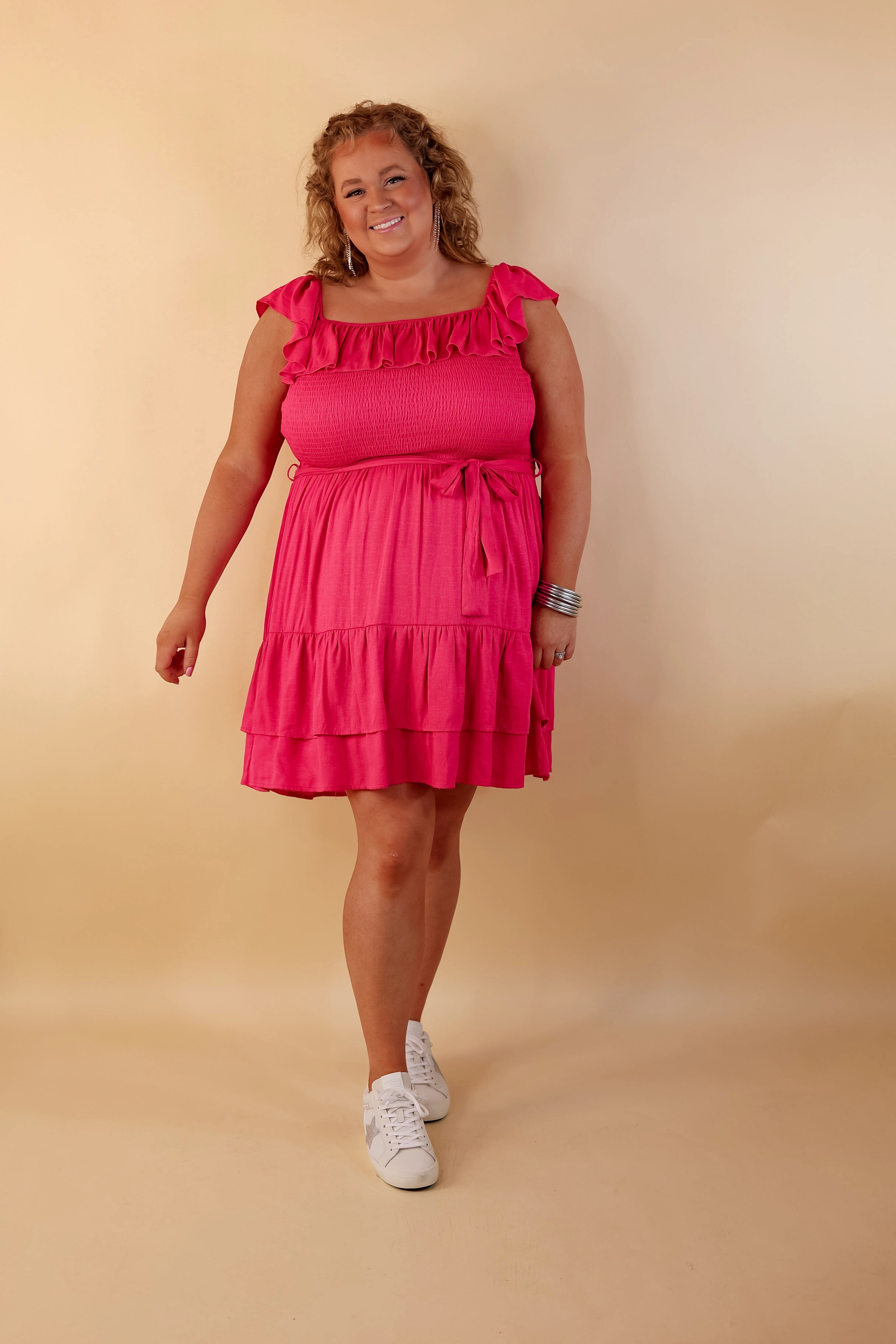 LowMaintenance Material CompressionFreeCuffs Feeling Refined Ruffle Tiered Dress with Smocked Bodice in Hot Pink