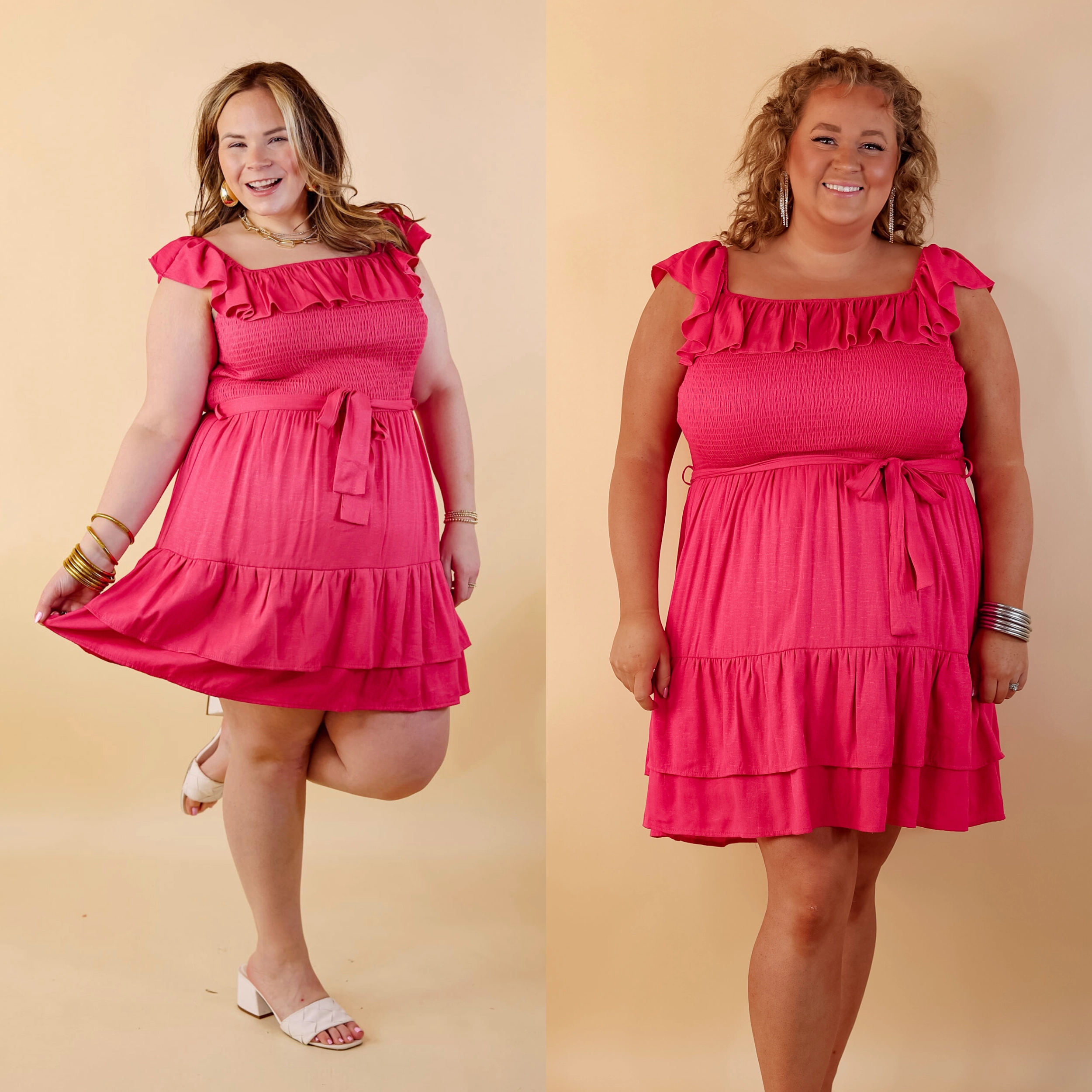 Stretchable Waistband Feeling Refined Ruffle Tiered Dress with Smocked Bodice in Hot Pink