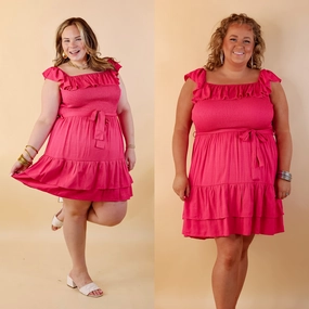 Stretchable Waistband Feeling Refined Ruffle Tiered Dress with Smocked Bodice in Hot Pink