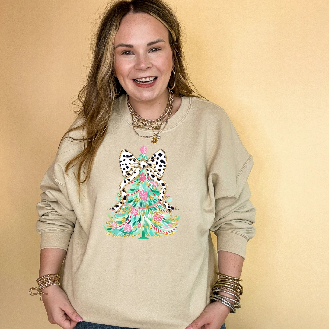 Online Exclusive | Holiday Floral Christmas Tree with Dalmatian Bow Graphic Sweatshirt in Multiple Color Options Movie Night