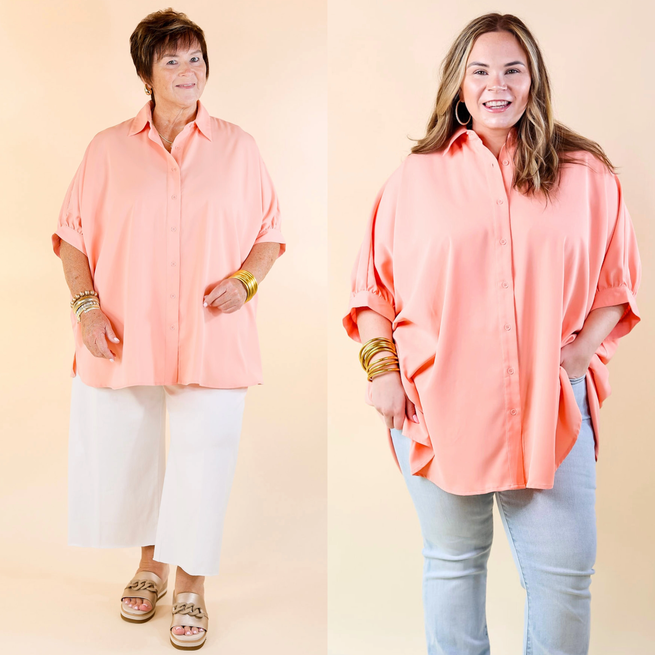 City Lifestyle Button Up Half Sleeve Poncho Top in Peach Fuzz Flatlock stitching