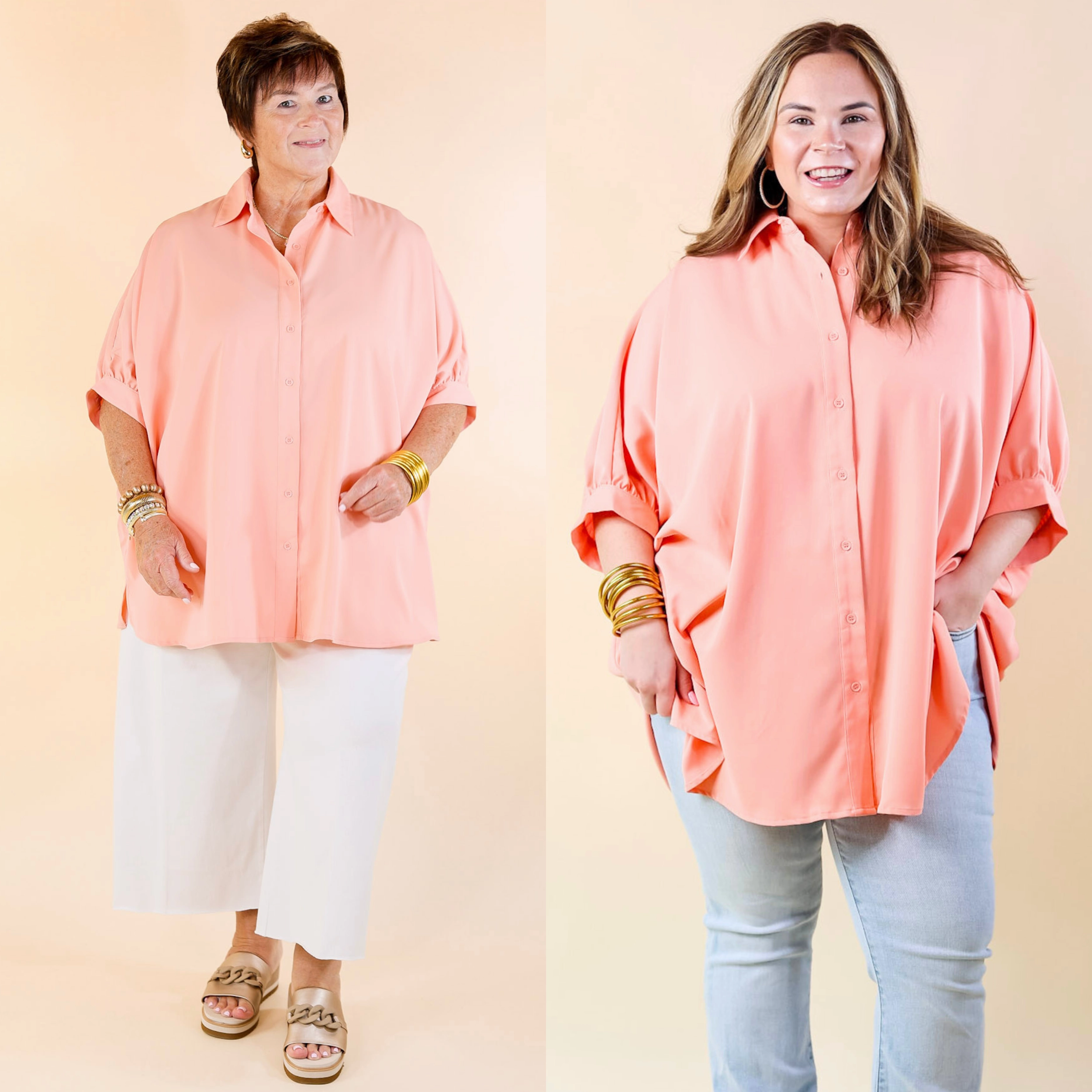 ElasticWaistband City Lifestyle Button Up Half Sleeve Poncho Top in Peach Fuzz