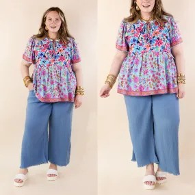 Right On Cue Elastic Waistband Cropped Pants with Frayed Hem in Light Blue QuickAccess Pockets