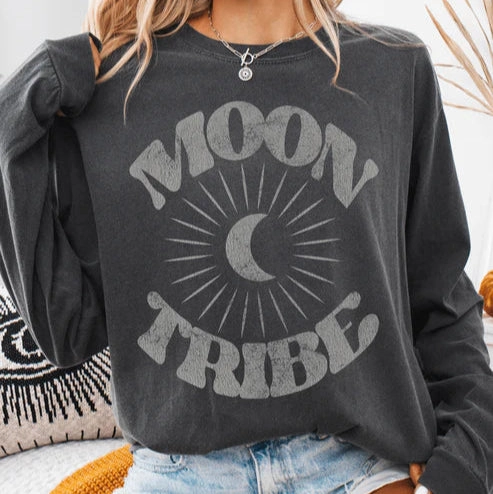 Online Exclusive | Moon Tribe Graphic on Comfort Color Long Sleeve Tee in Pepper Black Classic timelessness