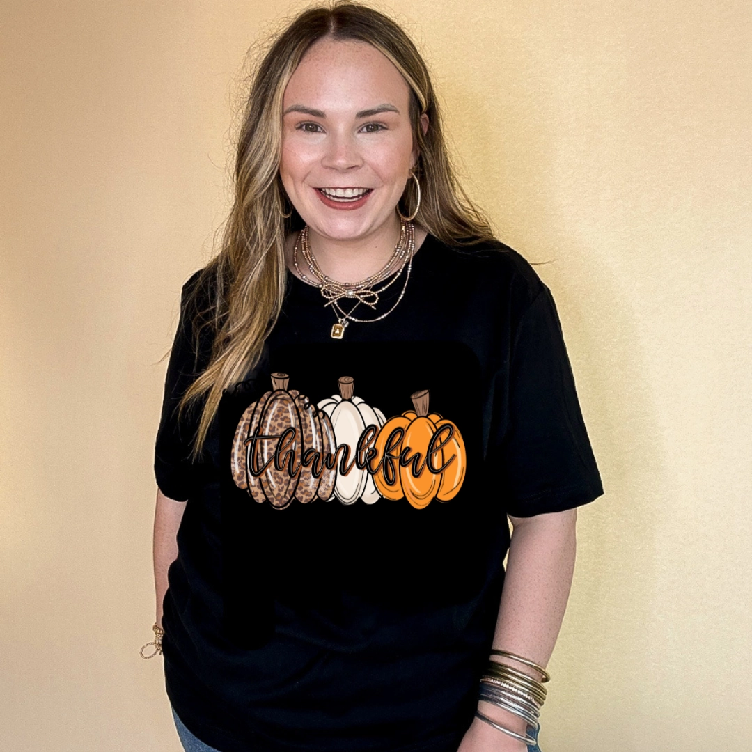 Online Exclusive | Thankful Pumpkins Cheetah, White and Orange Graphic Tee in Multiple Color Options Comfy Flex