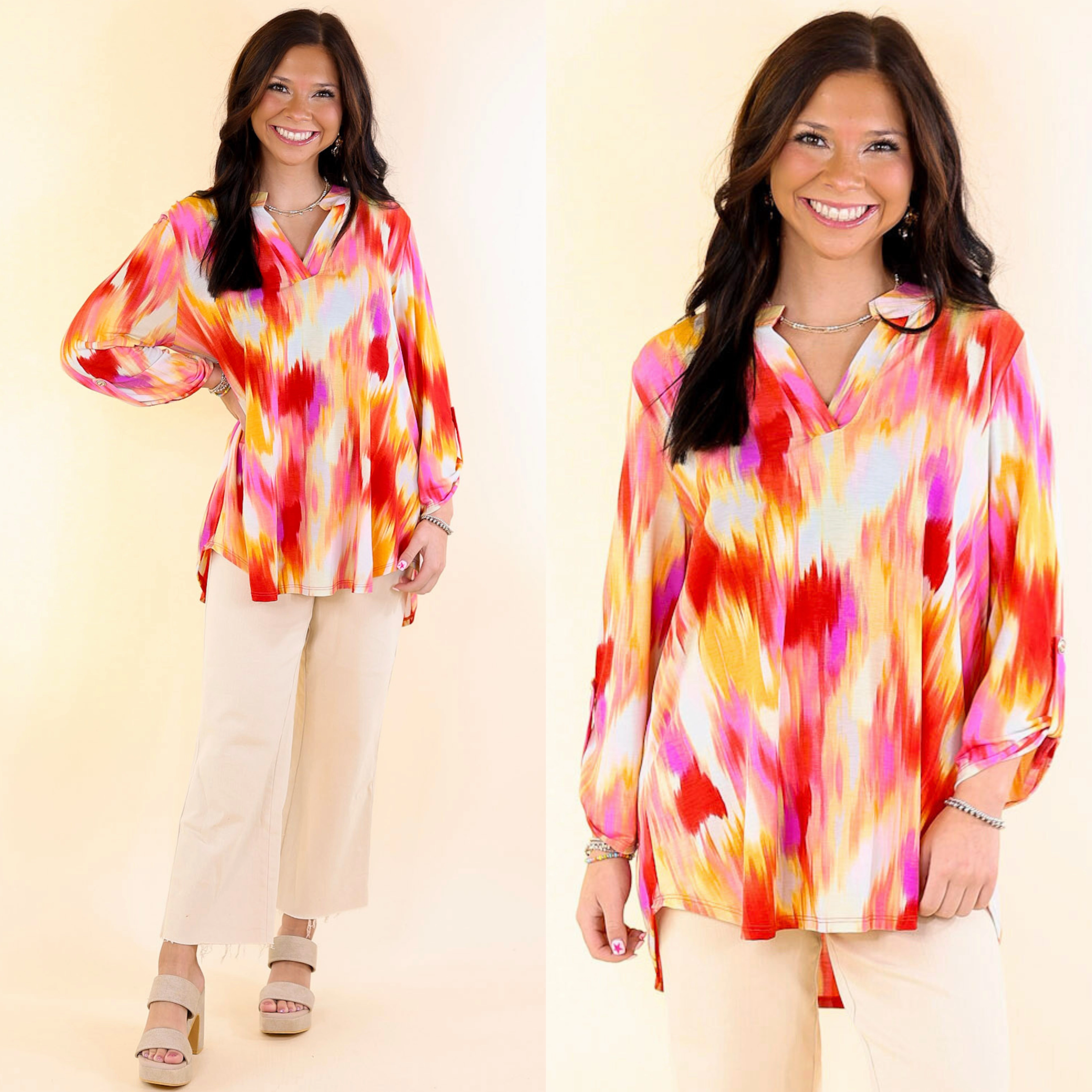 Urban Elegance Watercolor 3/4 Sleeve Tunic Top in Red Mix Sporty Appeal