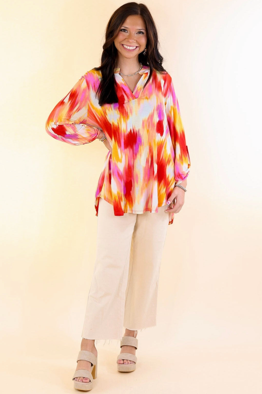 Bamboo Fiber Blend Must-Have Item Urban Elegance Watercolor 3/4 Sleeve Tunic Top in Red Mix