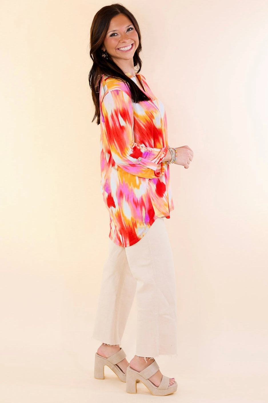 Urban Elegance Watercolor 3/4 Sleeve Tunic Top in Red Mix Striped style formal dinner