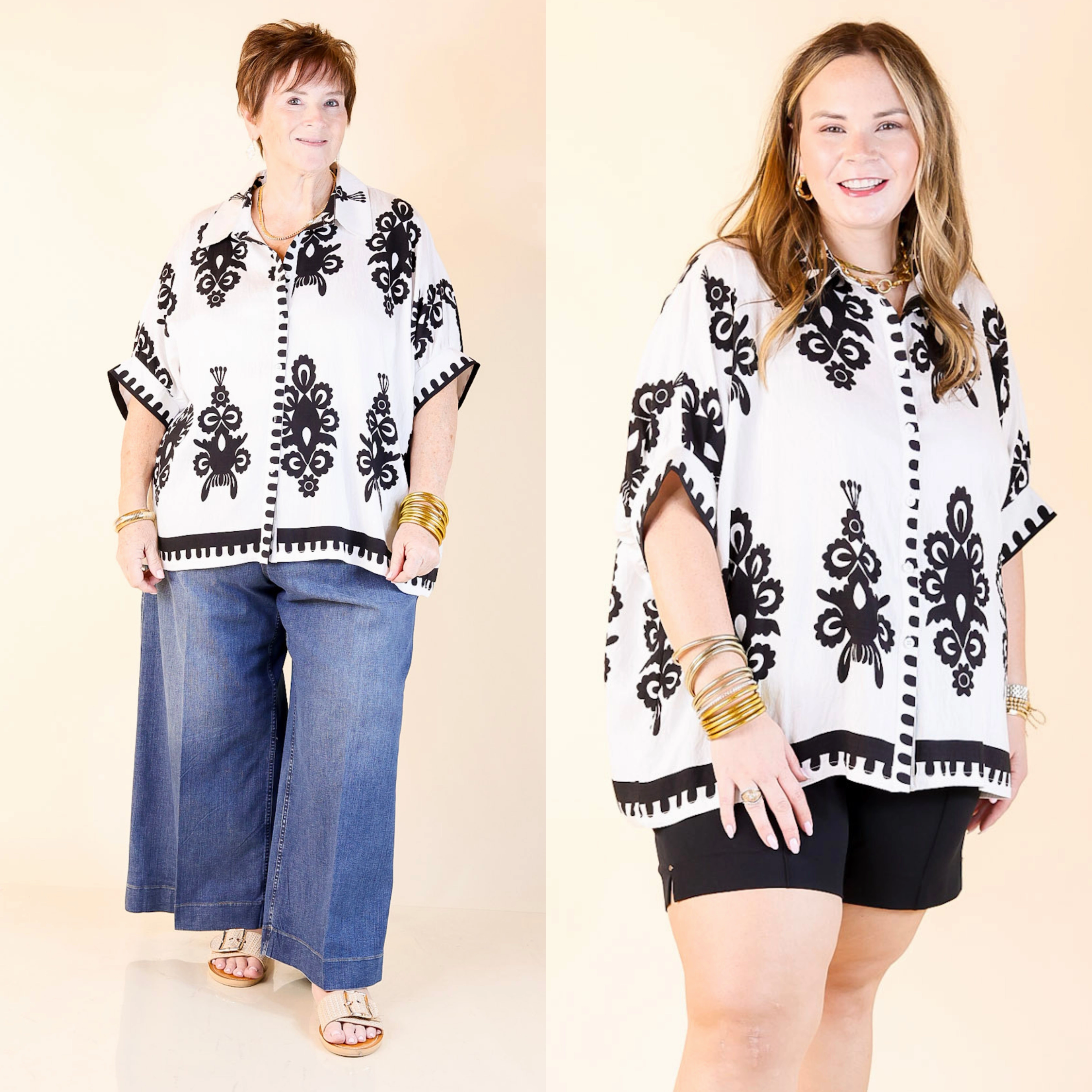 Work-to-Weekend Beach Wear Classic Perfection Damask Print Button Up Collared Blouse in White