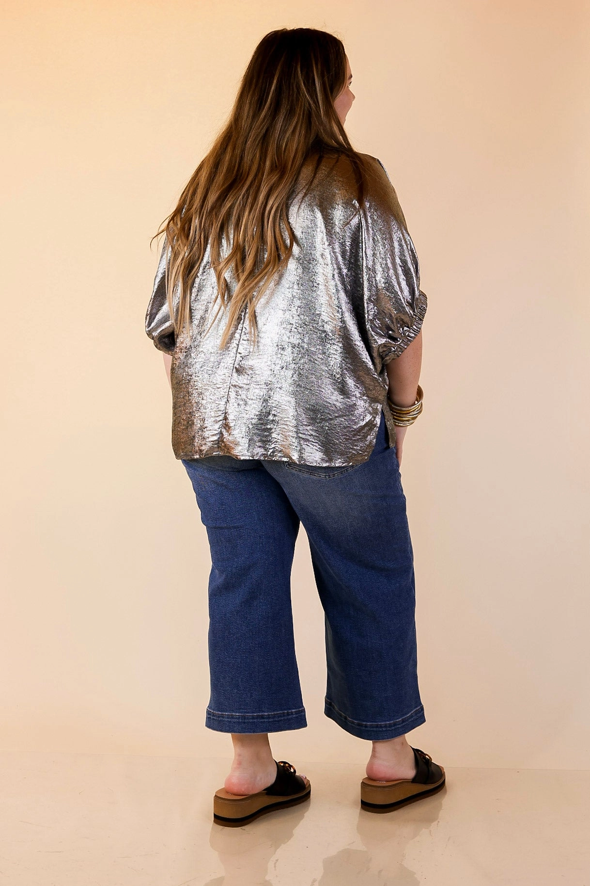 Quick Dry Construction formal dinner Naturally Stylish Shimmer Metallic Poncho Top in Silver