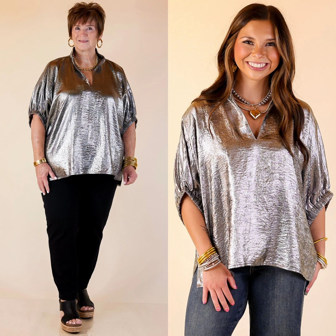 Naturally Stylish Shimmer Metallic Poncho Top in Silver Soft Feel Fashion Statement