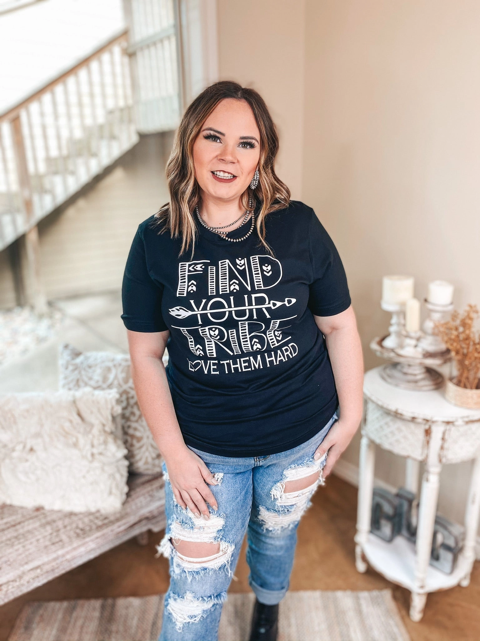 Last Chance Size Small | Find Your Tribe Short Sleeve Graphic Tee in Black Soft Sweater