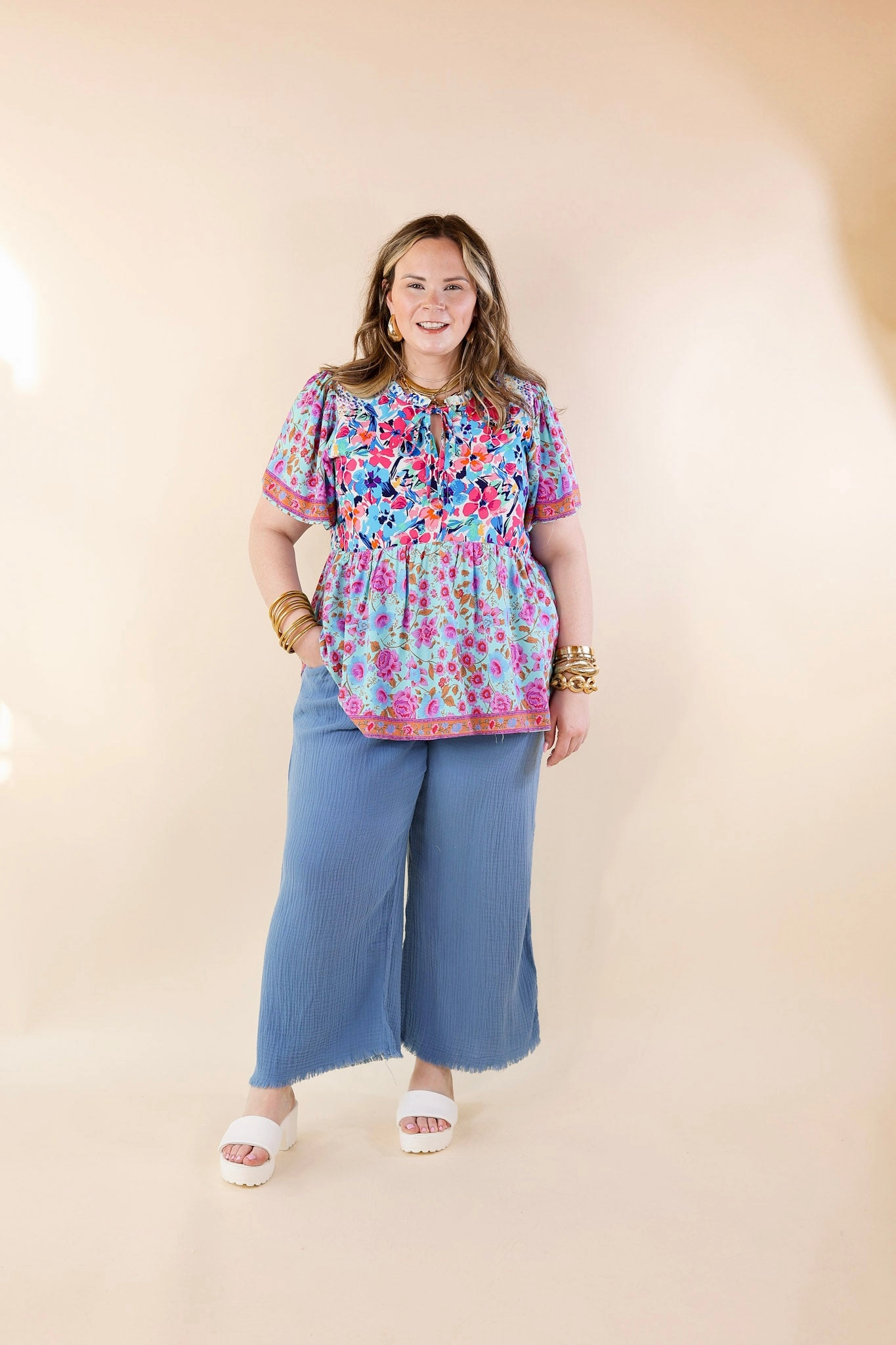 Cozy Dress Trendy Boots Right On Cue Elastic Waistband Cropped Pants with Frayed Hem in Light Blue