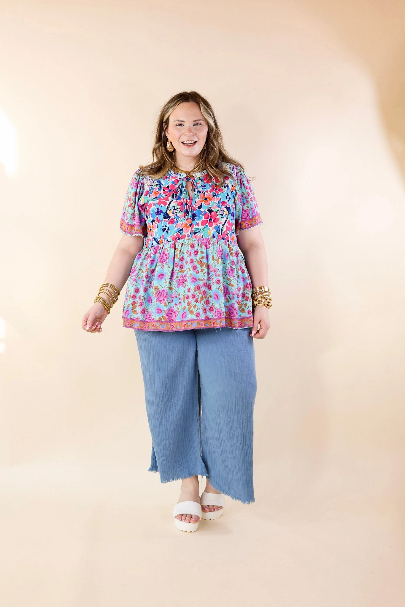 mesh ventilation ThermalRegulating Fabric Right On Cue Elastic Waistband Cropped Pants with Frayed Hem in Light Blue