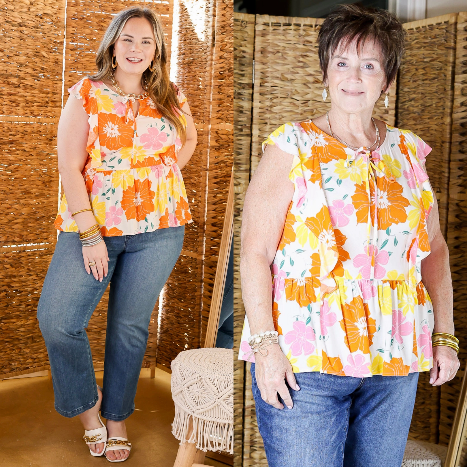 Picking Petals Large Floral Babydoll Top with Front Keyhole in Ivory Mix Road Trip Ready crew neck