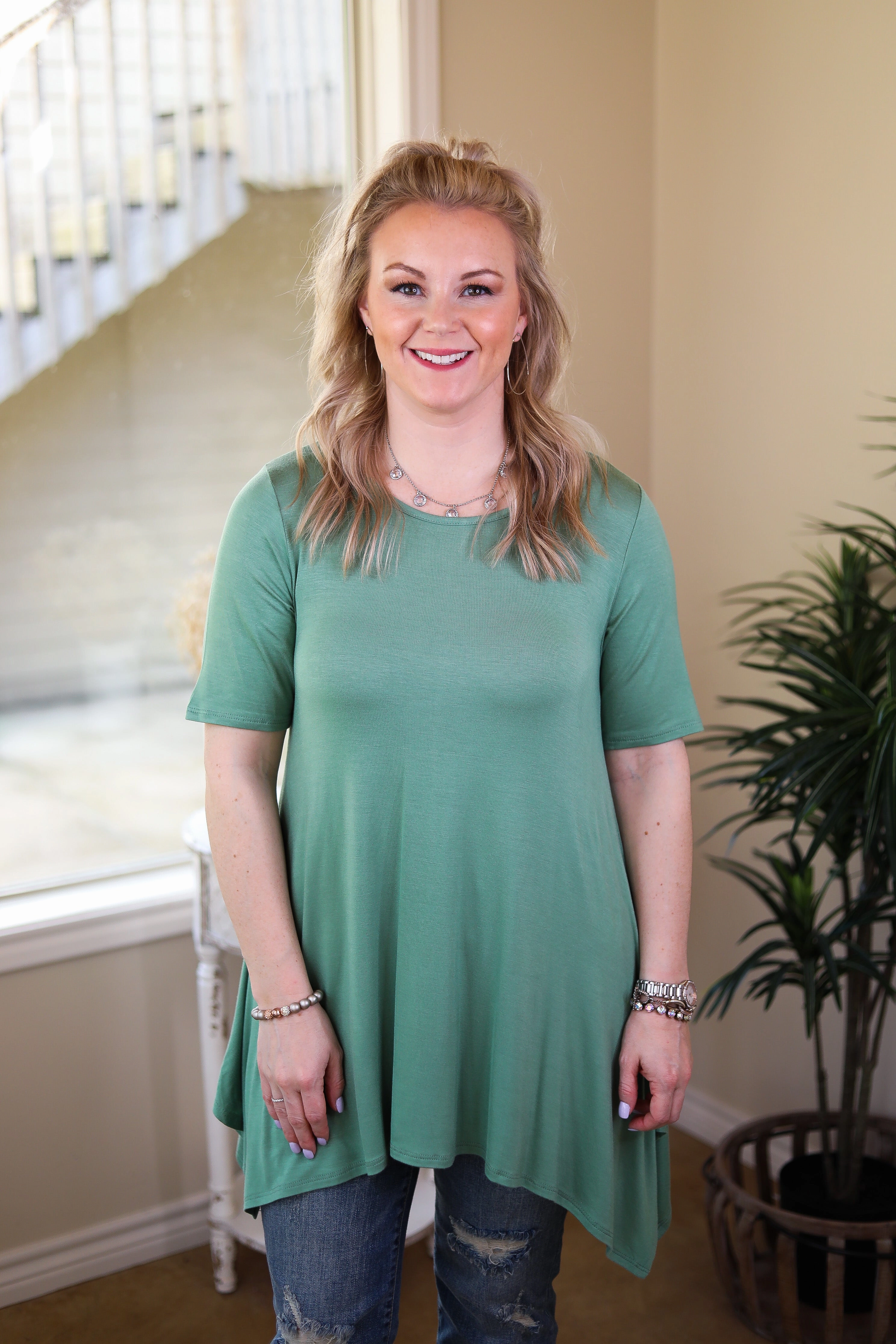 Whenever This Happens Solid Handkerchief Tunic Top in Sage Green Seamless Design