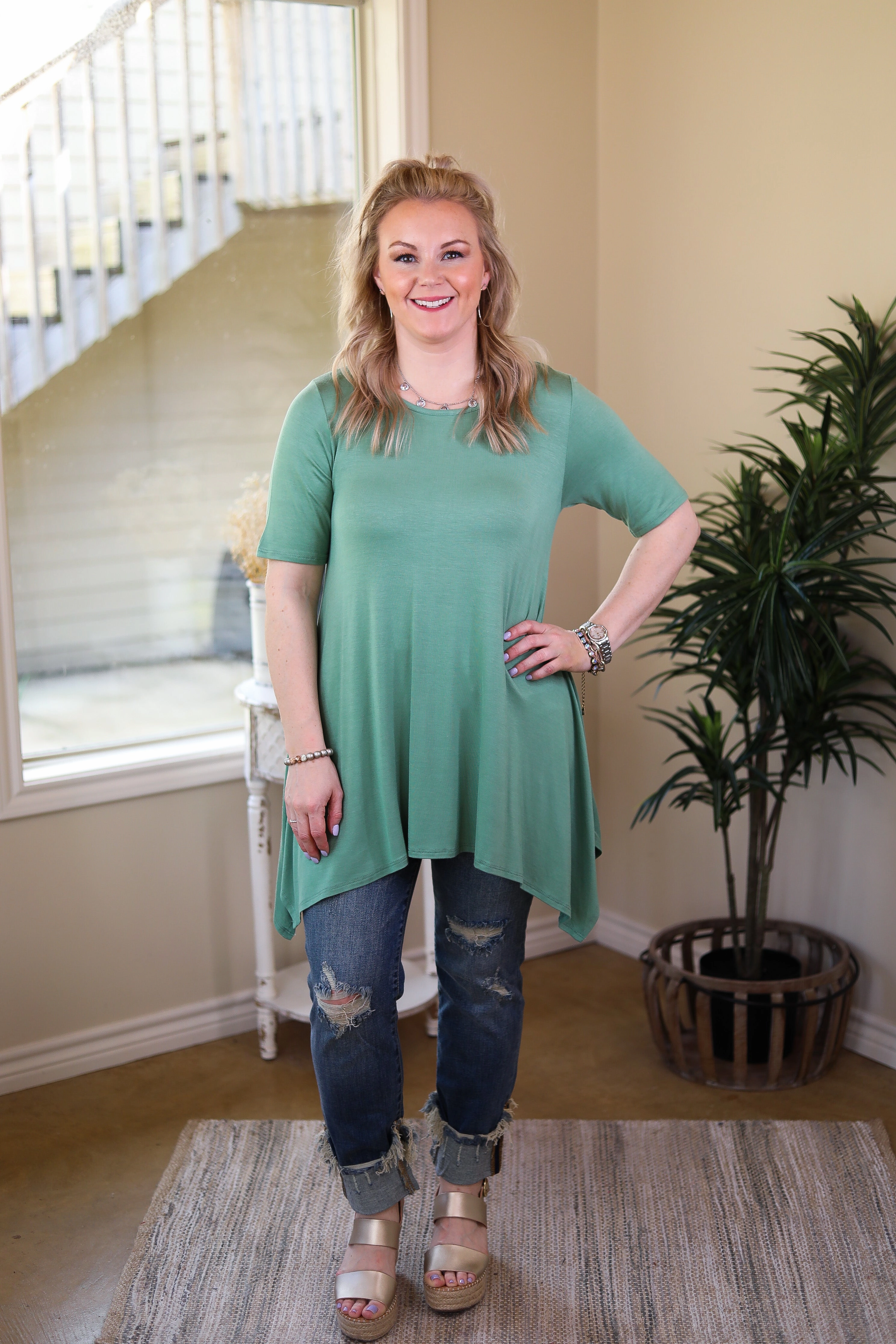 AntiStatic Lining Whenever This Happens Solid Handkerchief Tunic Top in Sage Green