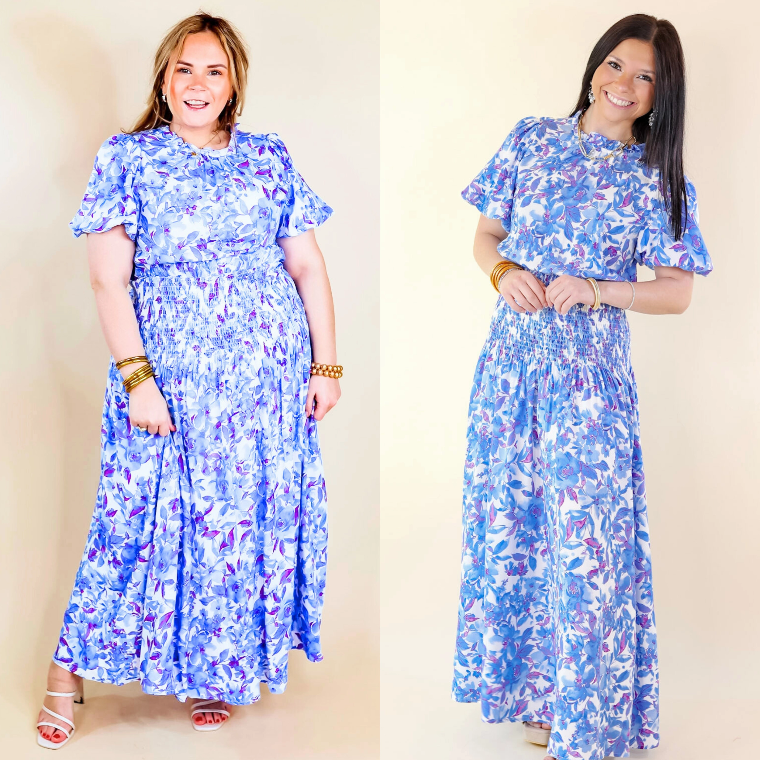 Moonlit Bay Floral High Neck Maxi dress with Smocked Waistline in Blue Jump Core African Bold
