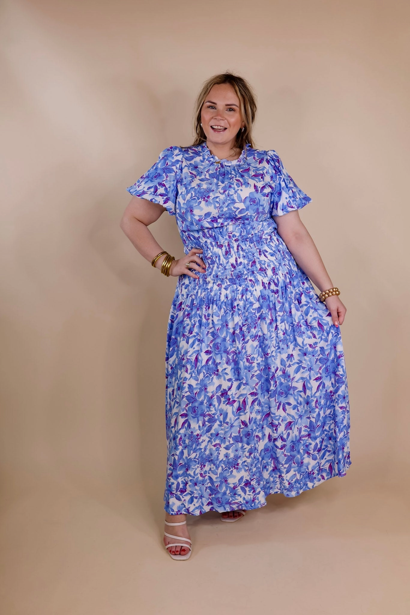 Green Soul Holiday Ease Moonlit Bay Floral High Neck Maxi dress with Smocked Waistline in Blue
