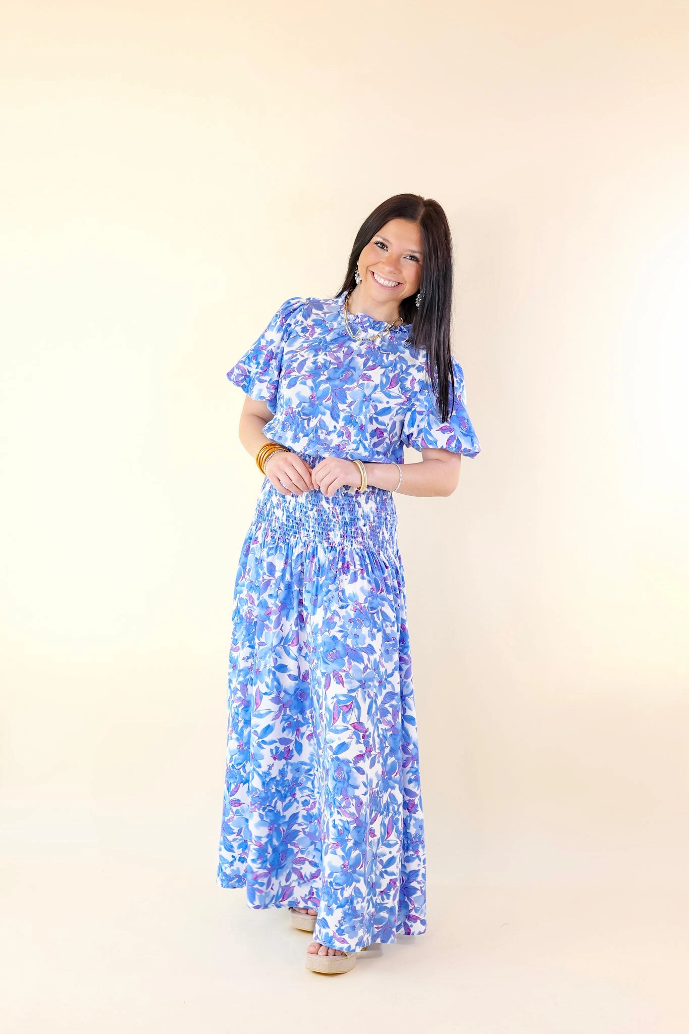 Soft Joggers Sustainable Manufacturing Moonlit Bay Floral High Neck Maxi dress with Smocked Waistline in Blue