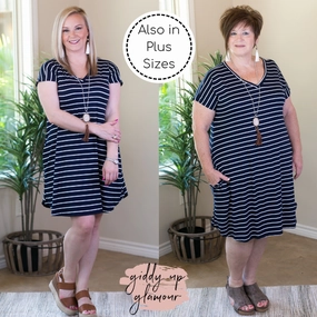 Easy Wear Last Chance Size Small | Beyond Reason Stripe Tee Shirt Dress in Navy Blue