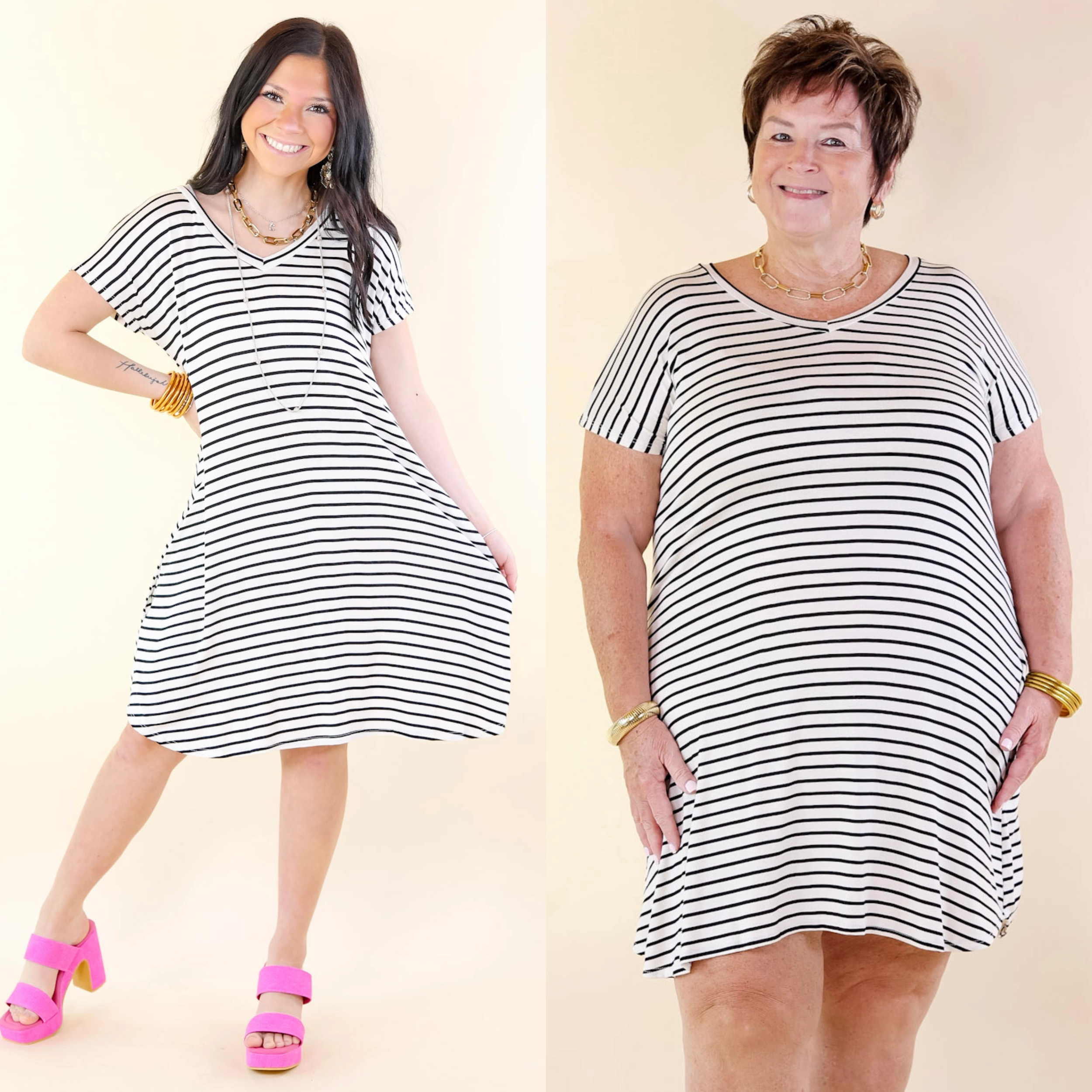 Effortless Moments Striped Short Sleeve Tee Shirt Dress in White OdorResistant Coating