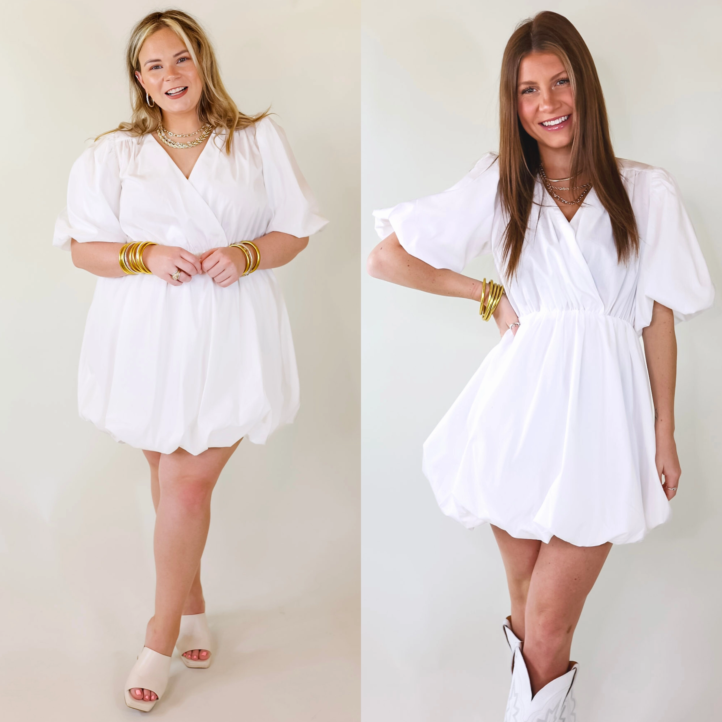 Winter-Season Flawless and Free Puffed Sleeve Babydoll Dress in White