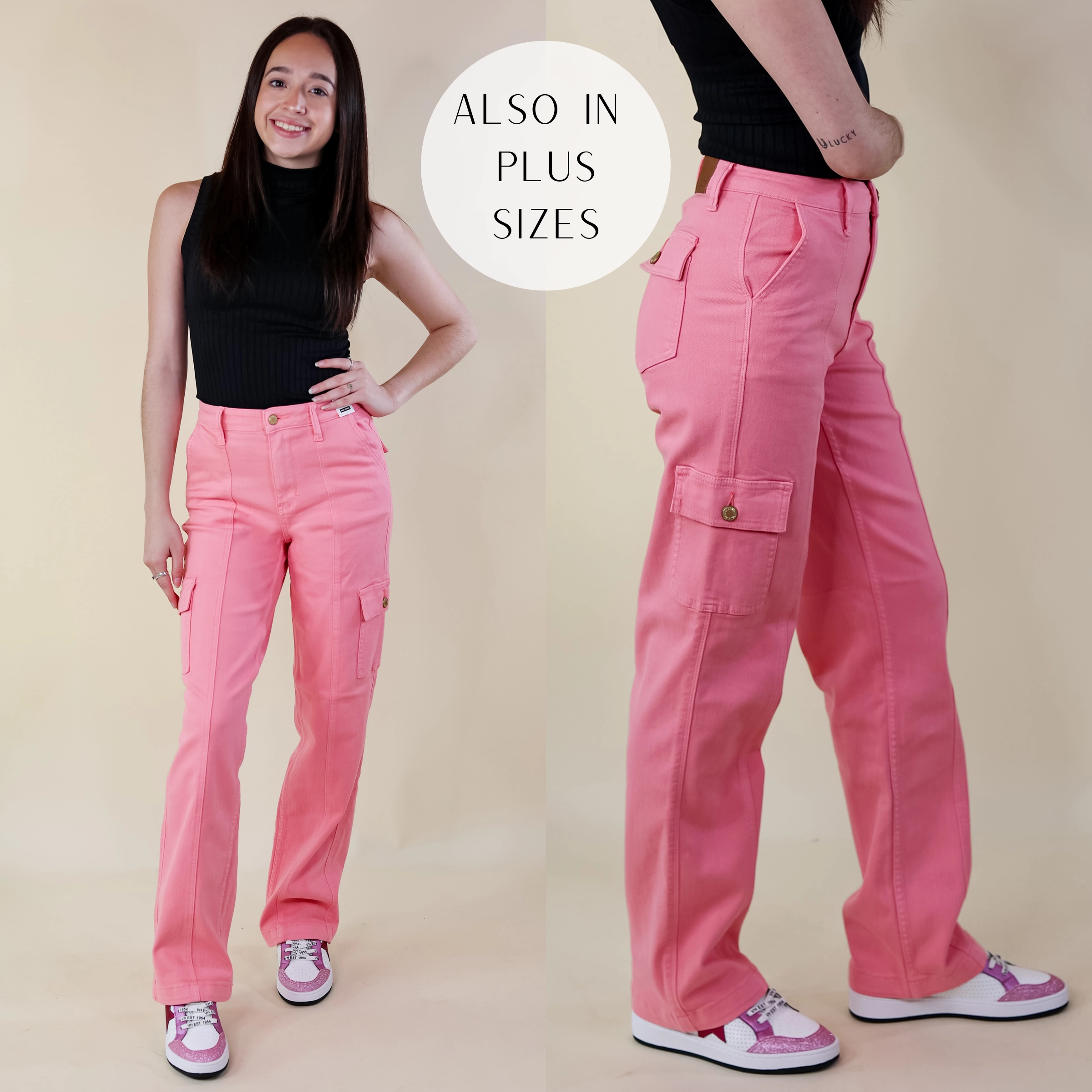 Suede Mood Last Chance Size 15, 16W, 20W, 22W | Judy Blue | Chic Efforts Cargo Straight Leg Jeans in Pink Wash
