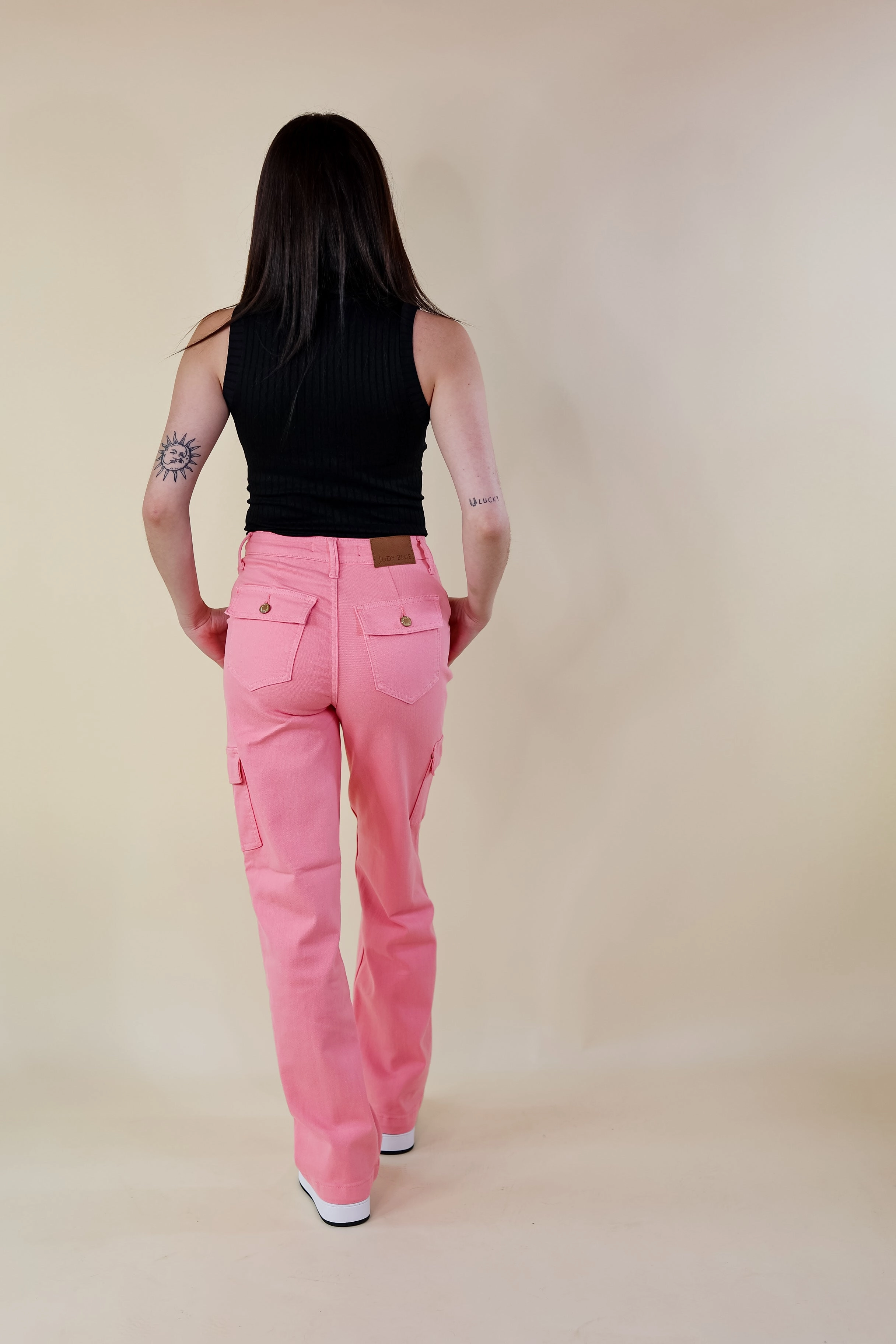Last Chance Size 15, 16W, 20W, 22W | Judy Blue | Chic Efforts Cargo Straight Leg Jeans in Pink Wash Fashion Core