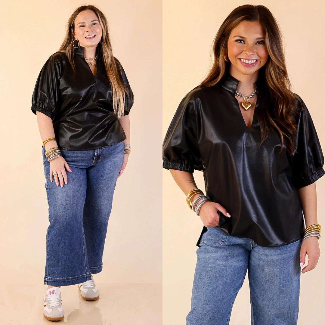 Effortlessly Cool Faux Leather Top with Short Balloon Sleeves in Black AthleisureReady