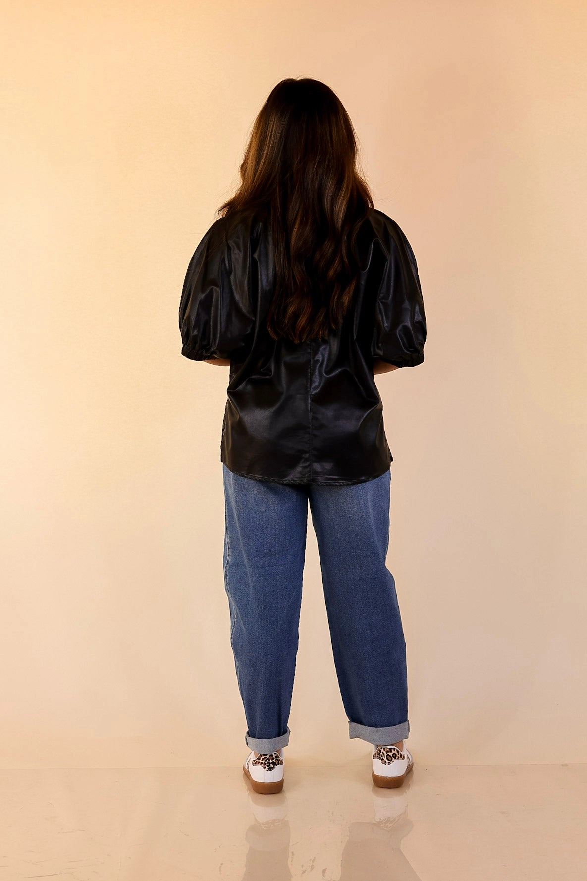Eco friendly materials Effortlessly Cool Faux Leather Top with Short Balloon Sleeves in Black