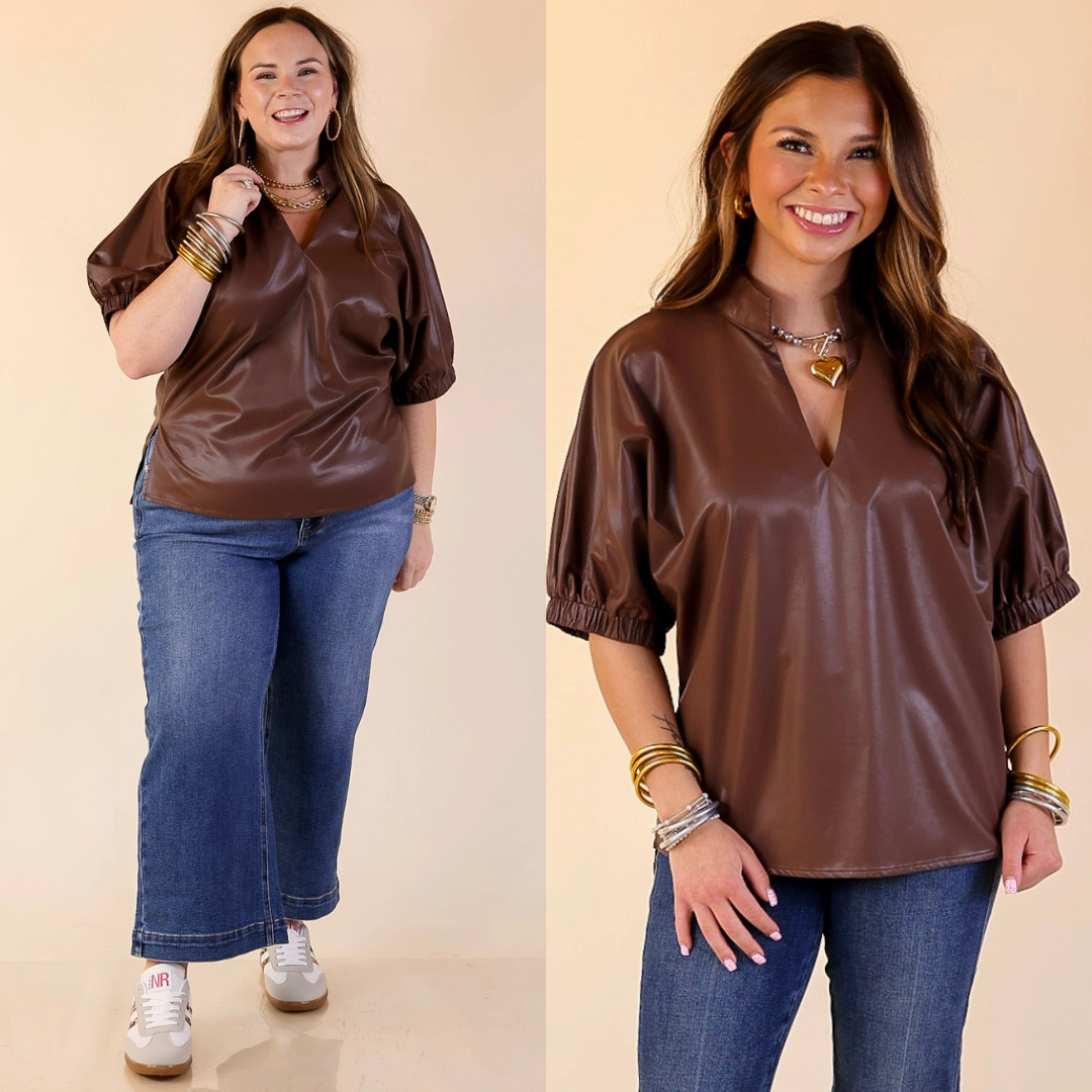 Effortlessly Cool Faux Leather Top with Short Balloon Sleeves in Chocolate Brown Workwear Ready